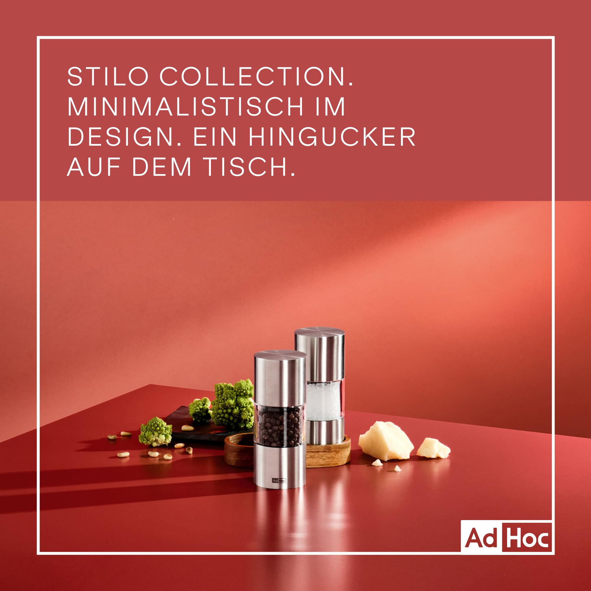 AdHoc Set aus Salzmühle und Pfeffermühle STILO | Gewürzmühlen mit Gehäuse aus Edelstahl & praktischer Holz-Untersetzer | Mahlergebnis fein bis grob | Keramik Mahlwerk