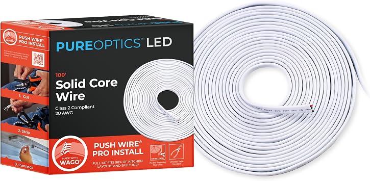 PureOptics LED Professional Push Wire 100 Jumper Wire Spool for Under Cabinet Lighting, Flat 5/6" or 8mm Cable, 4-Core CL2 Compliant, Non-Metallic, White