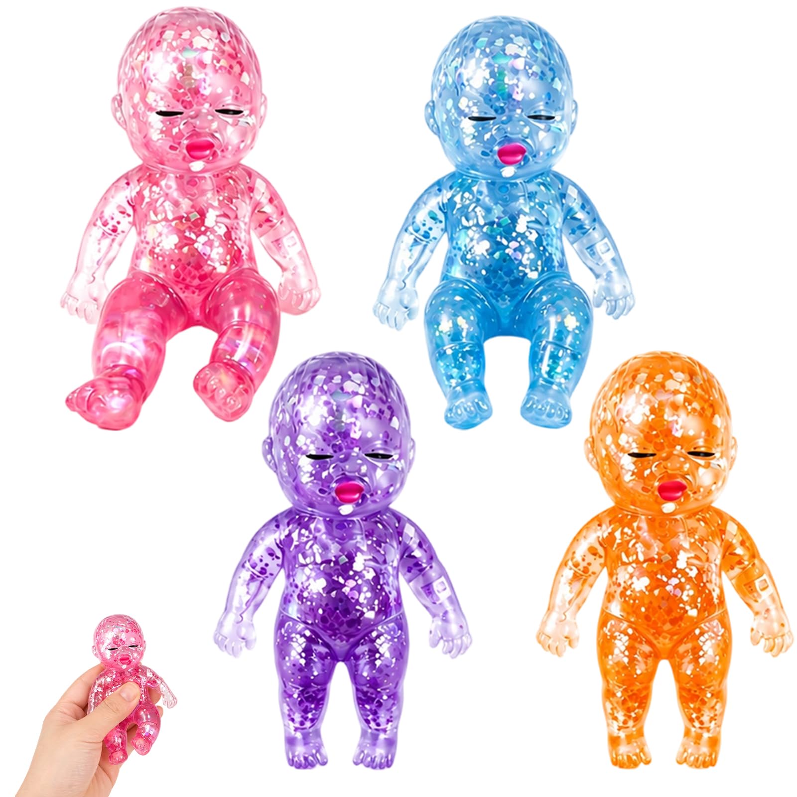 4PCS Doll Fidget Toys, Glitter Squeeze Toys, Stress Relief & Anxiety, Portable Desk Decor, Cute Sparkly Sensory Decompression Doll for Adults Office Home Travel