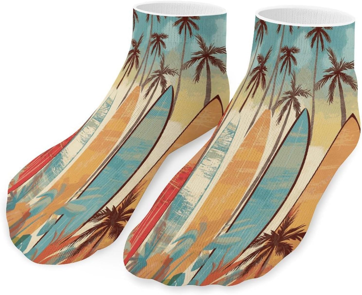 Surfboard Palm Tree Ankle Socks for Men Women 5 Pairs | Comfortable Casual Low Cut Socks, Lightweight No Show Breathable Athletic Socks, Soft Mini Crew Socks for All Seasons