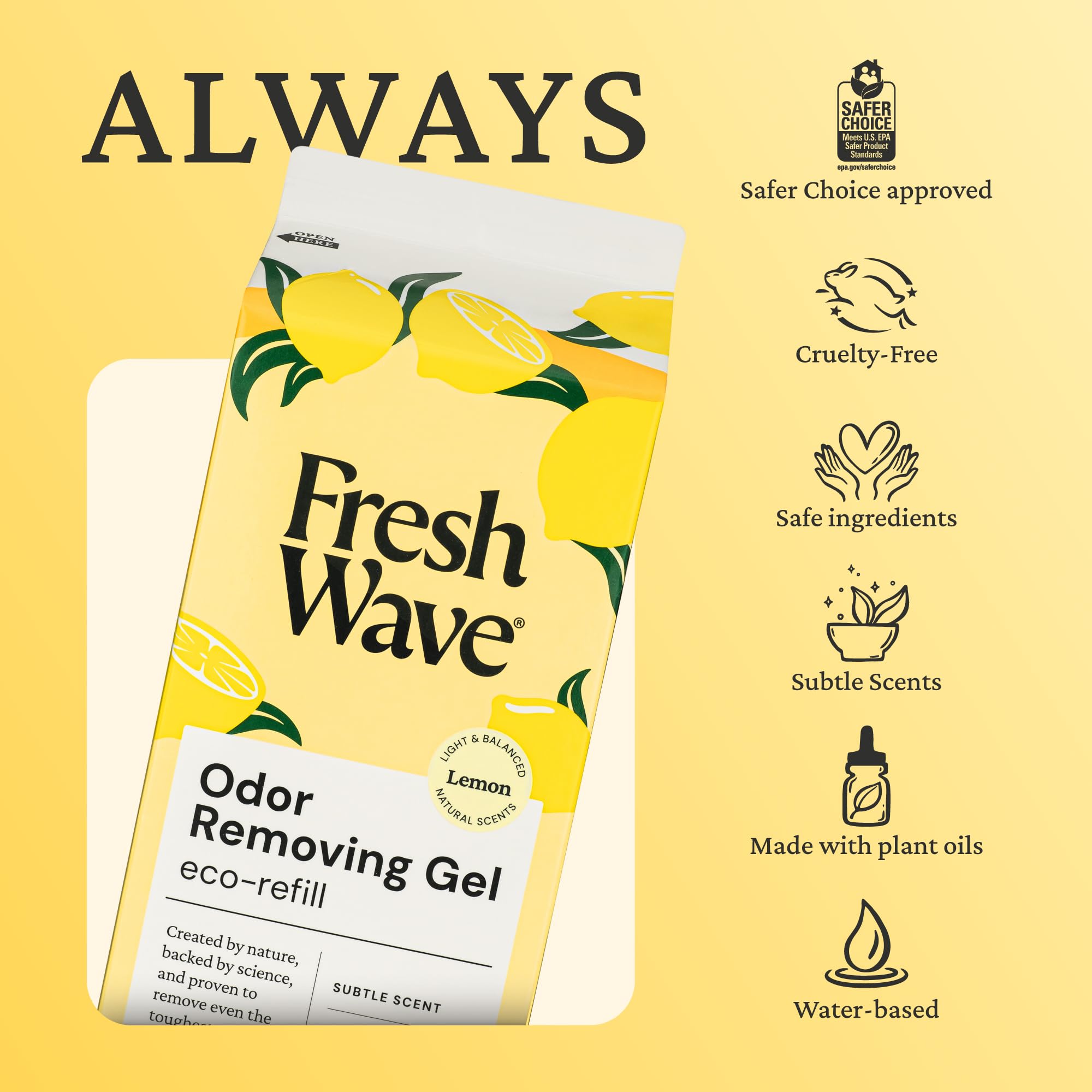 Fresh Wave Recambio de gel eliminador de olores de limón, 60 onzas, absorbentes de olores más seguros para el hogar, eliminador de olores natural a base de plantas, cada 15 onzas, dura de 30 a 60 días