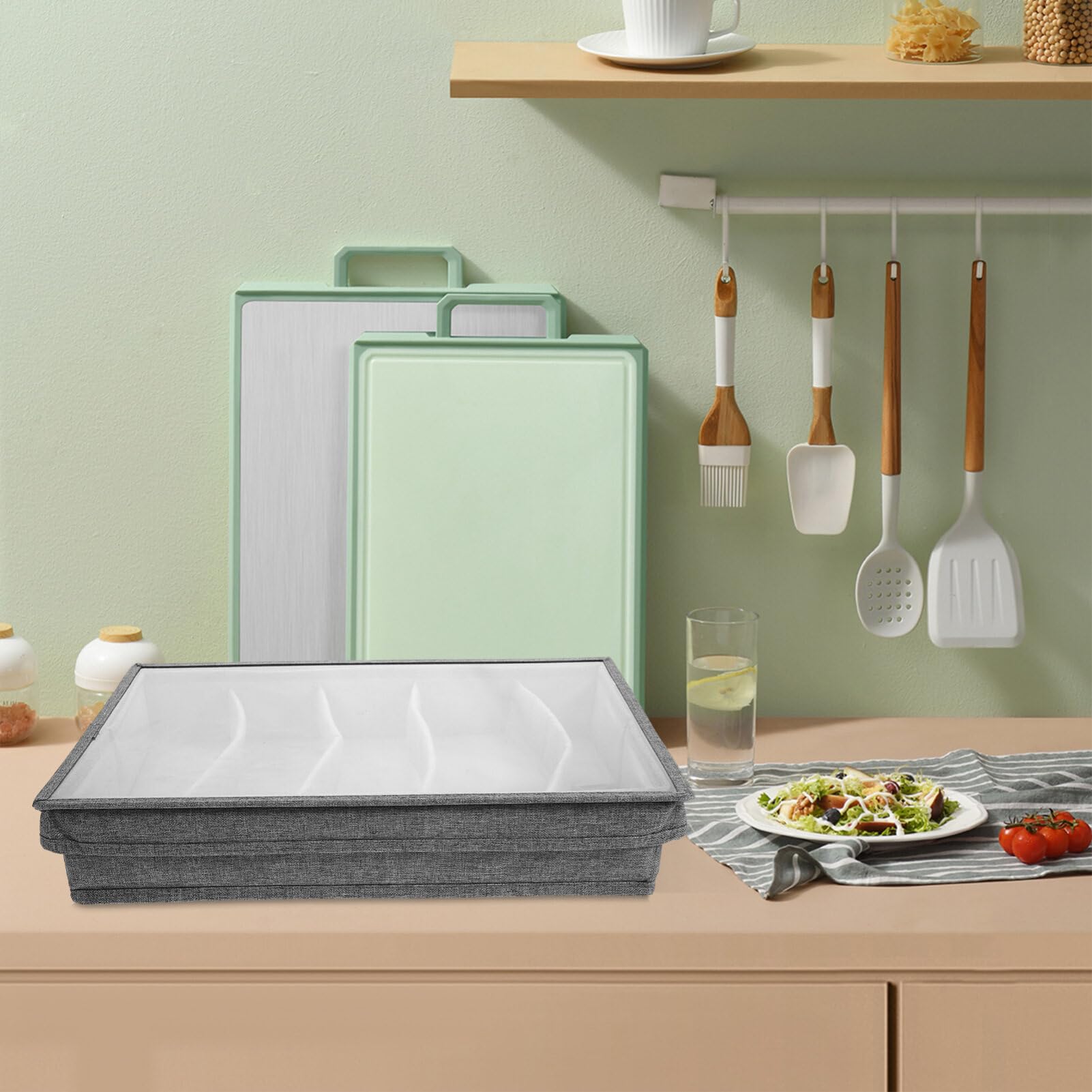 Caja De Almacenamiento para Cubiertos Y Utensilios Caja De Almacenamiento para Cubiertos Cofre con Divisores Ajustables Soporte para Almacenamiento De Cubiertos con Tapa para