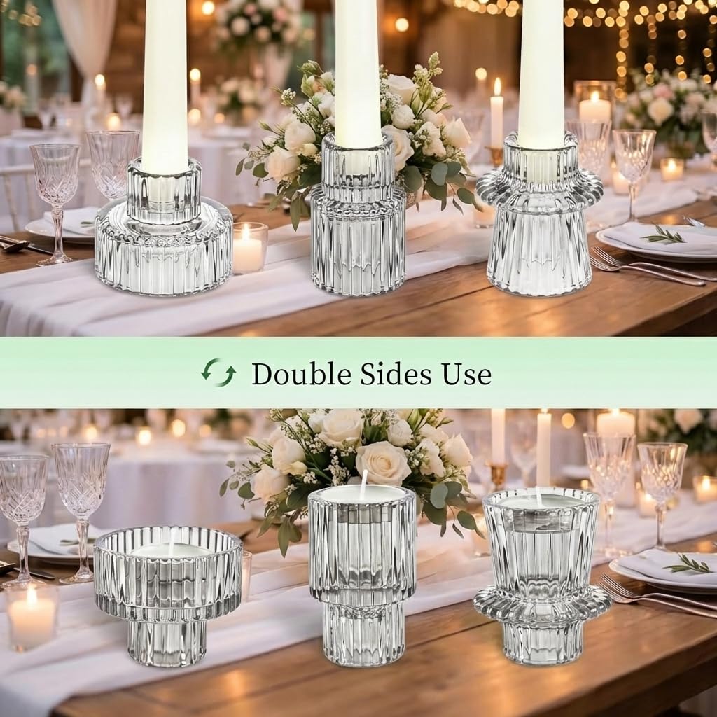 Olrla Lot de 6 bougeoirs en verre multi-tailles 2 en 1 pour bougies coniques, piliers et bougies chauffe-plat – Centre de table élégant pour mariage, décoration d'intérieur (transparent)