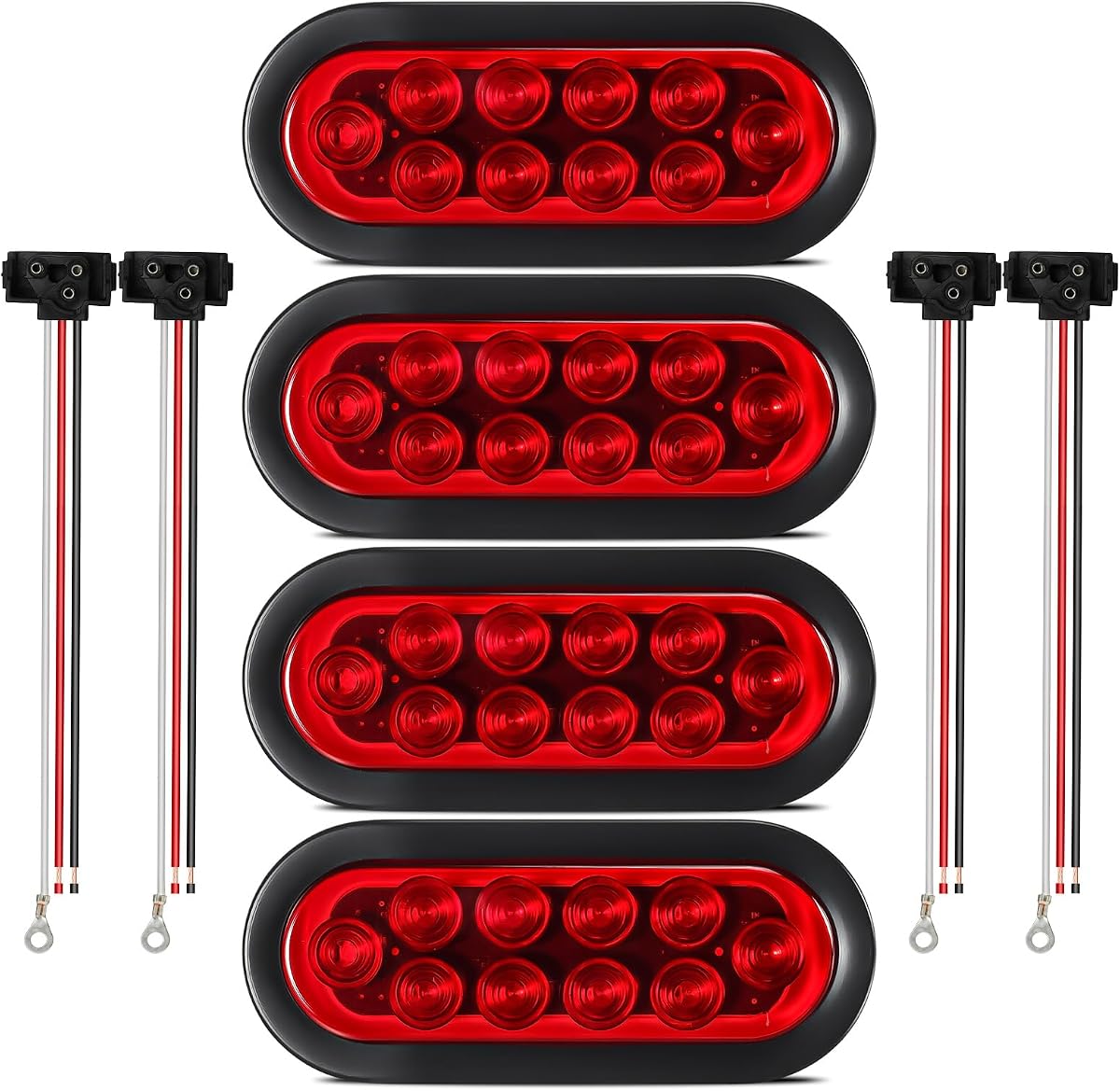 Partsam 4pcs Trailer Truck LED Sealed RED 6" Oval Stop/Turn/Tail Lights Flush Mount Waterproof Including 3-pin Water Tight Plug with Wires and Grommets Sealed DOT Compliant
