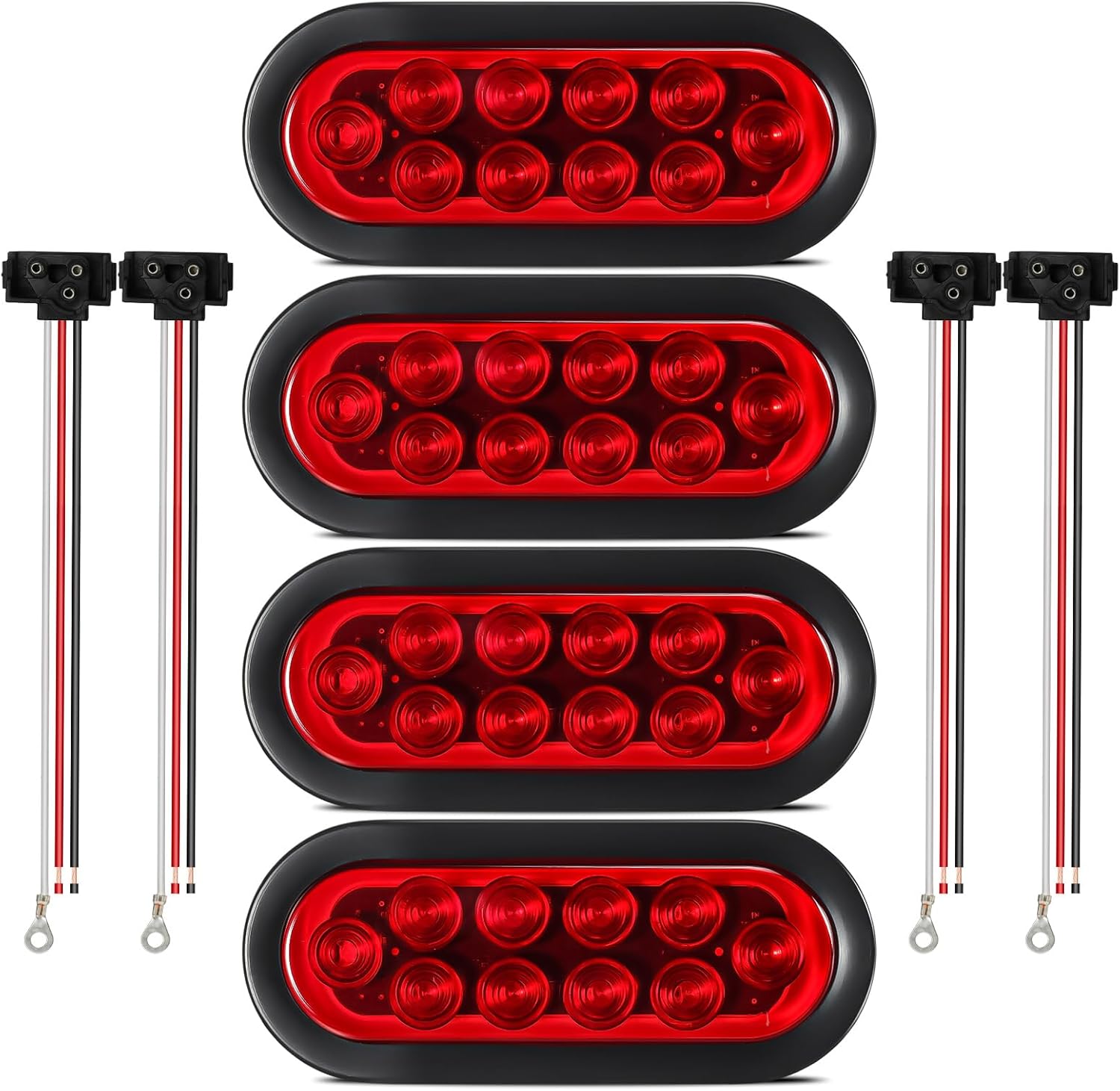 Partsam 4pcs Trailer Truck LED Sealed RED 6" Oval Stop/Turn/Tail Lights Flush Mount Waterproof Including 3-pin Water Tight Plug with Wires and Grommets Sealed DOT Compliant