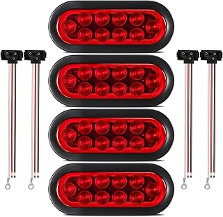 Partsam 4pcs Trailer Truck LED Sealed RED 6" Oval Stop/Turn/Tail Lights Flush Mount Waterproof Including 3-pin Water Tight Plug with Wires and Grommets Sealed DOT Compliant
