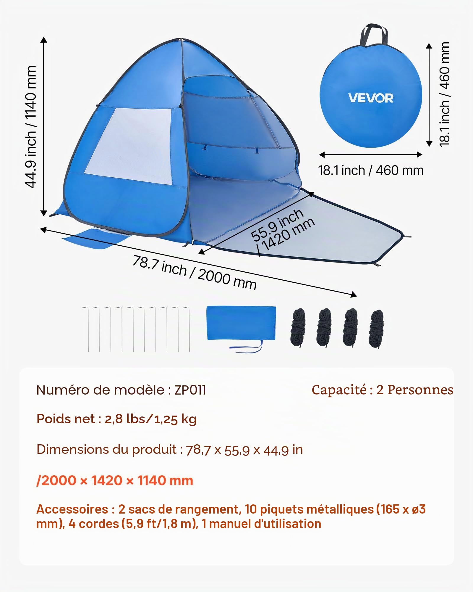 VEVOR Tente de Plage Portable pour 2 Personnes, Abri de Plage Anti-UV Protection UPF 50+, Auvent de Camping Pêche Pique-niques en Plein Air, Abri Soleil avec Sac de Transport et Poches à Sable