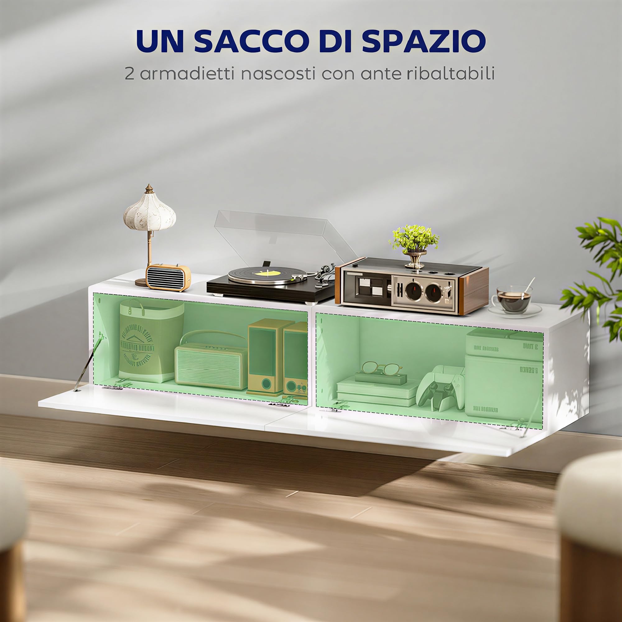 HOMCOM Mobile TV Sospeso per Televisori 45"-55"-65" Mobile Porta TV con 2 Armadietti con Ante a Ribalta per Salotto, Soggiorno e Camera da Letto 140x33x29.8 cm Bianco Lucido