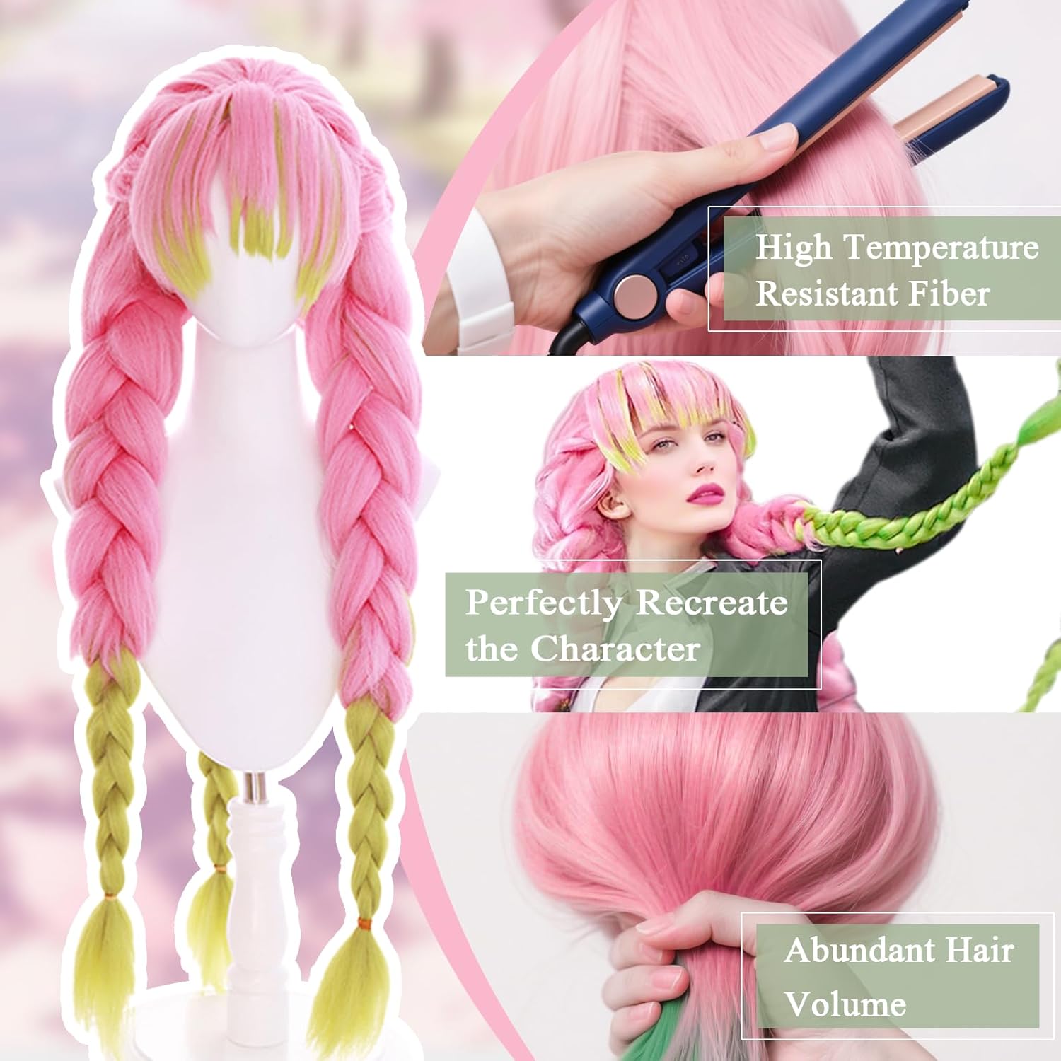Cute Halloween Anime Pink and Green Cosplay Wig, 2 Hair Caps + Wig, Synthetic Braided Hair with Pigtails for Parties and Cosplay Events for Women and Teen Girls - Image 6