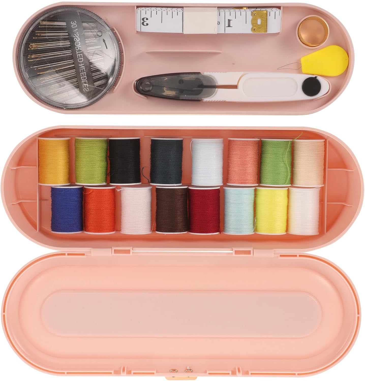 VILLFUL Portable Sewing Kit for Adults Double-Layer Household Needle Thread Box with Thimble and Needle Threader, Pink Multifunctional Travel Sewing Tool Set for Embroidery and DIY Repairs