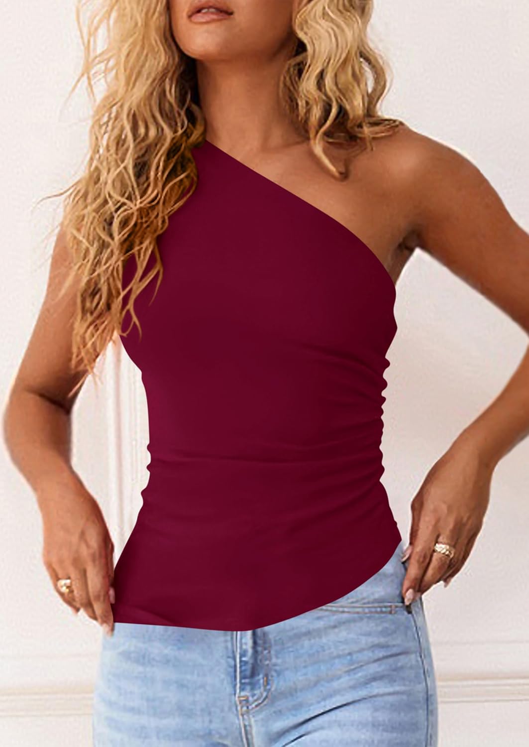 PRETTYGARDEN Womens 2026 Summer Y2K Tops Sleeveless One Shoulder Slim Fit Shirts Ruched Knit Asymmetrical Top Blouse - Image 5