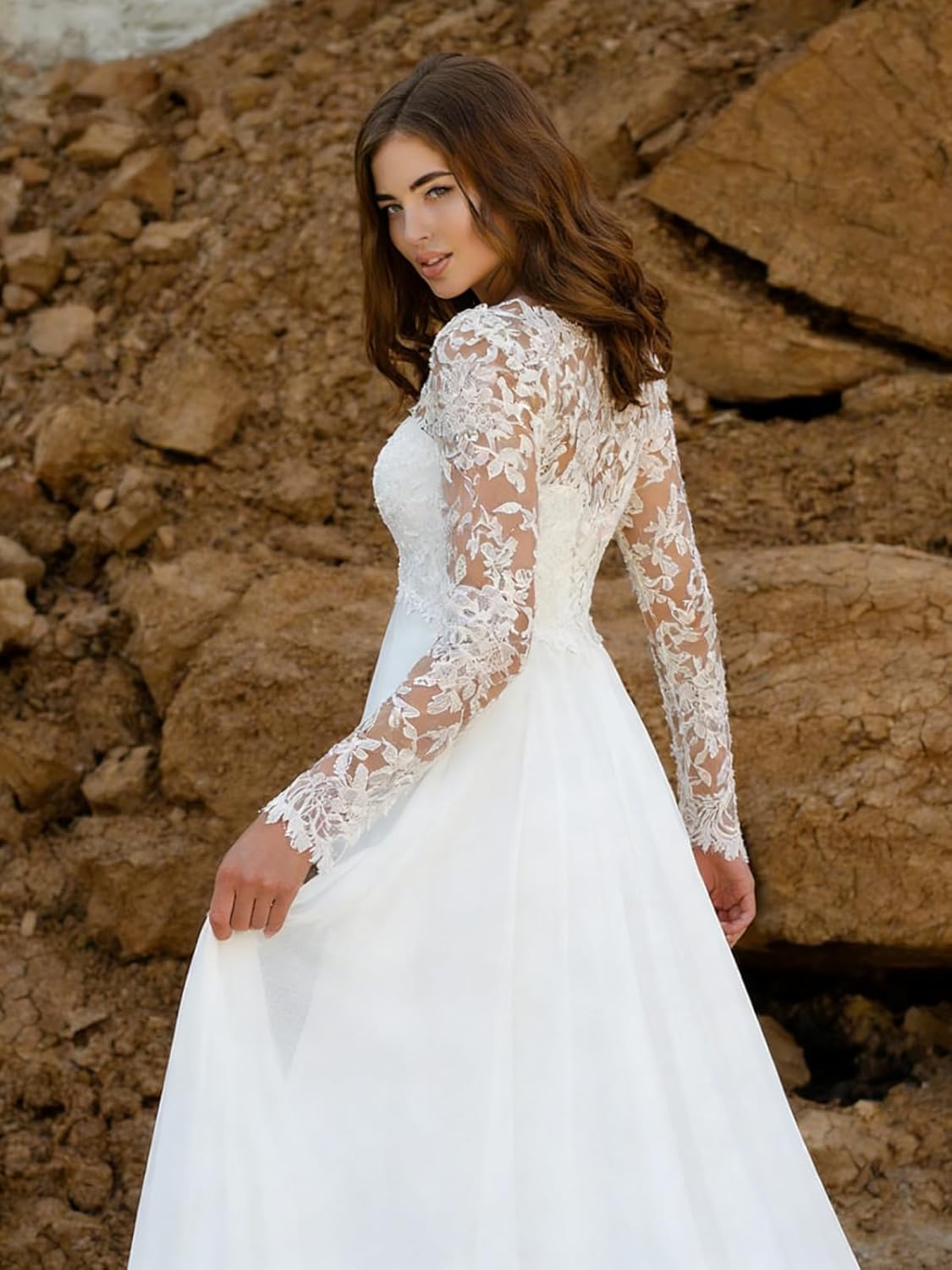 A Line Long Sleeves Chiffon Wedding Dresses for Bride, Lace Appliques Bridal Dresses with Train for Women - Image 4