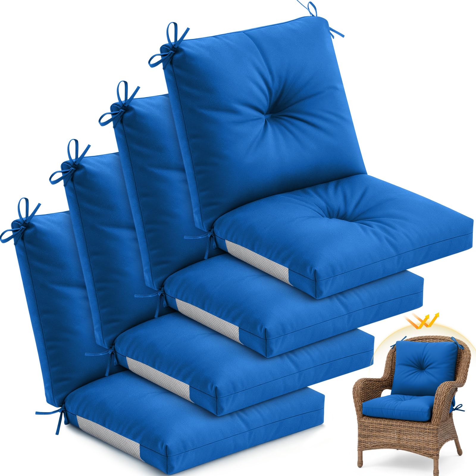 Photo 1 of ***PARTIAL SET - MISSING CUSHION*** Marsui 4 Pack High Back Outdoor Chair Cushions Patio Furniture Tufted Pillow with Ties for Seat Pads Water Resistant Rocking Seat Cushions for Patio Dining Porch, 42 x 21 x 5 Inches (Blue)