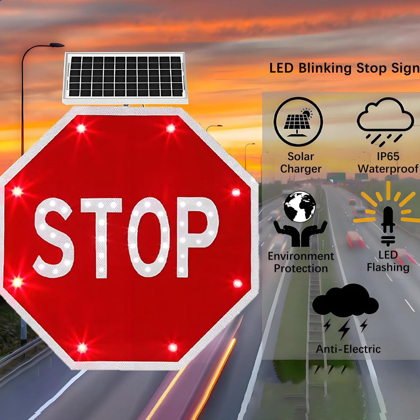 Señal de alto con energía solar de 24"/30" con película reflectante de grado industrial Señales de seguridad vial con luces LED intermitentes Para calles carreteras(Always on,30inch)
