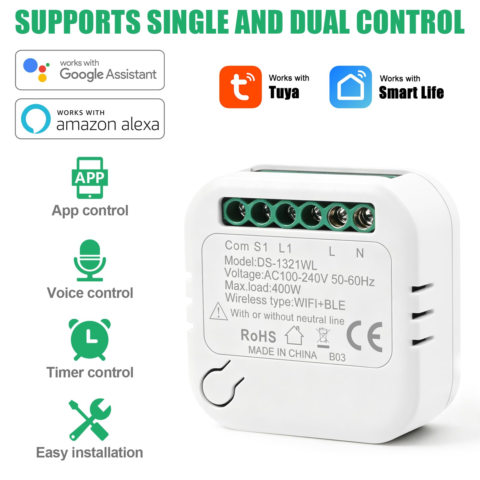 WiFi Interruptor Módulo Sin Neutro,Inteligente Interruptor, Smart Switch | Inteligente Luz Interruptor Sin Neutro Compatible con Alexa & Google Assistant, Mini Smart Switch WIFI con Tuya y Smart Life