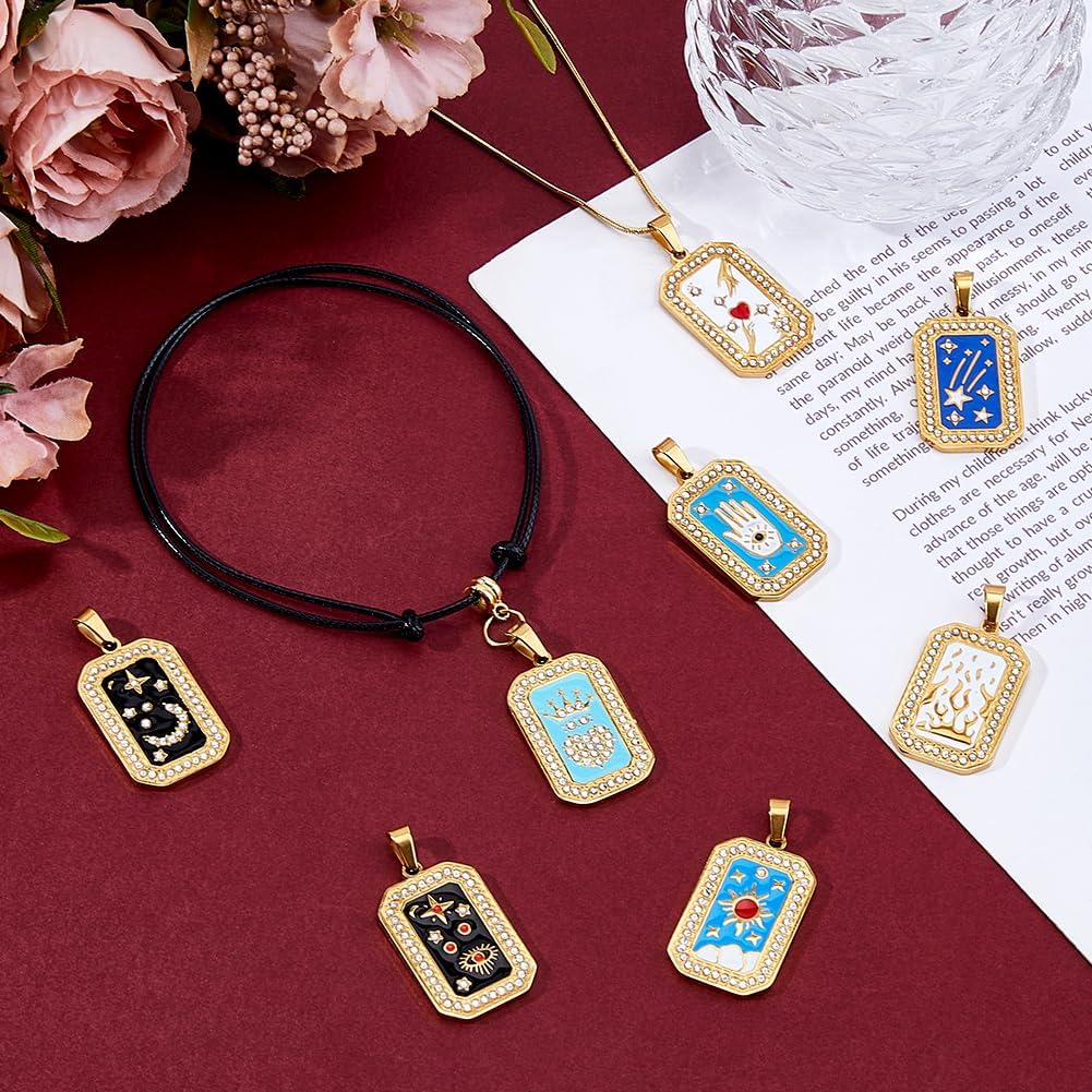 DICOSMETIC 8Pcs 8 Styles 304 Stainless Steel Tarot Charm Pendants Enamel Rhinestone Golden Tarot Charms Rectangle Tarots Card Charms for Jewelry Making 32x19.5mm - Image 5