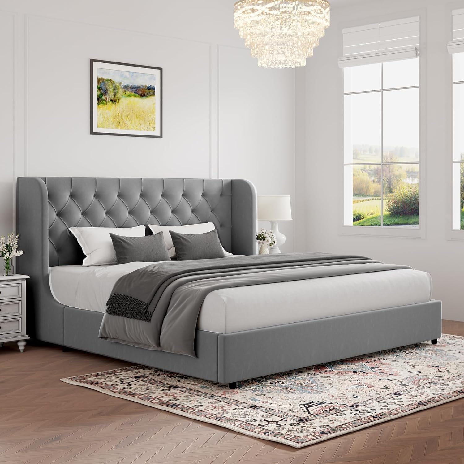 HOMBCK King Size Bed Frame, Velvet Bed Frame with Button Tufted Wingback Headboard, Upholstered Platform Bed, Fully Upholstered Platform Bed with Wood Slats, No Box Spring Needed, Grey
