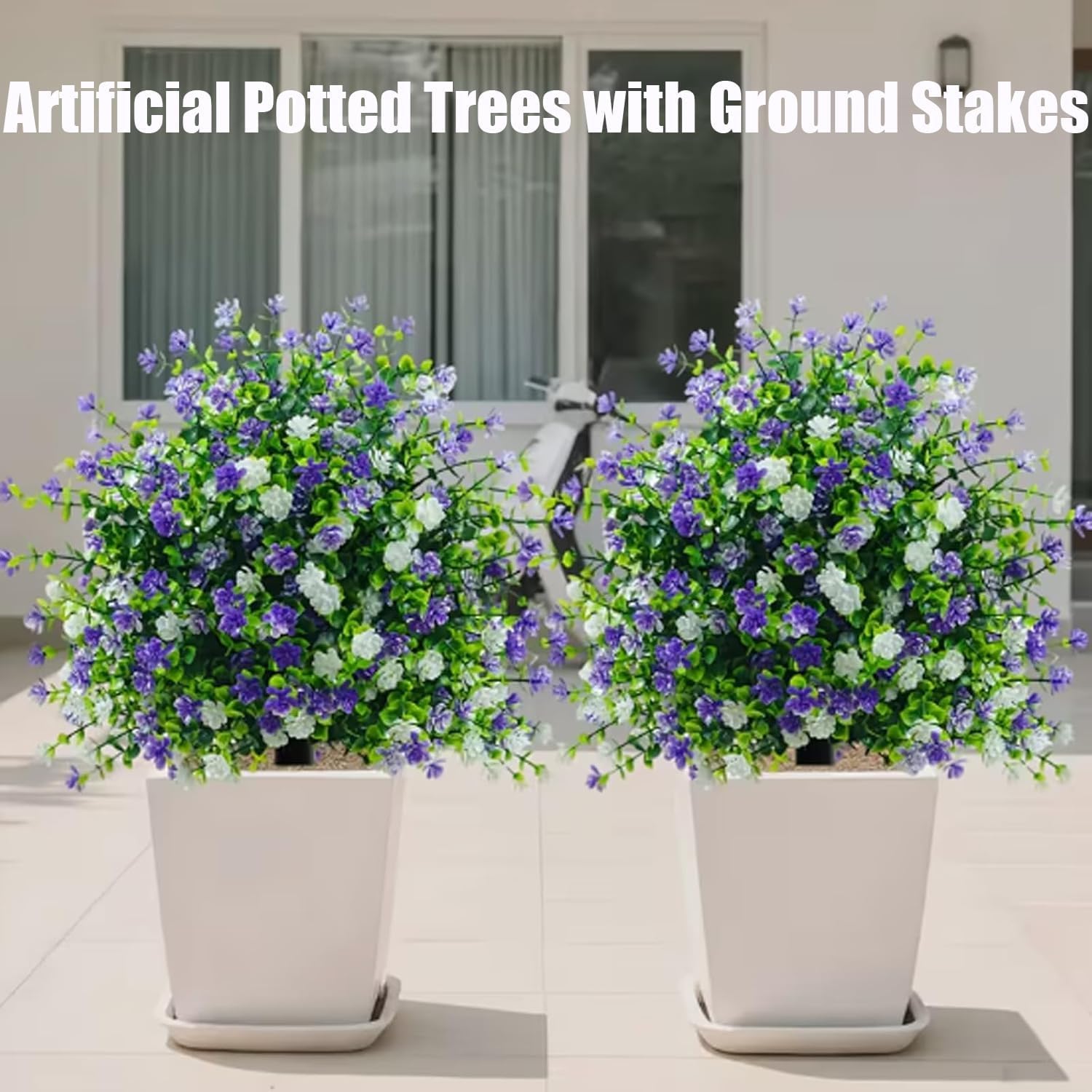 2PCS Artificial Potted Trees with Ground Stakes, UV Resistant Camellia Topiary, 17.72" Fake Brush Plants Flowers Greenery, for Indoor, Garden, Yard, Porch, Patio Decor