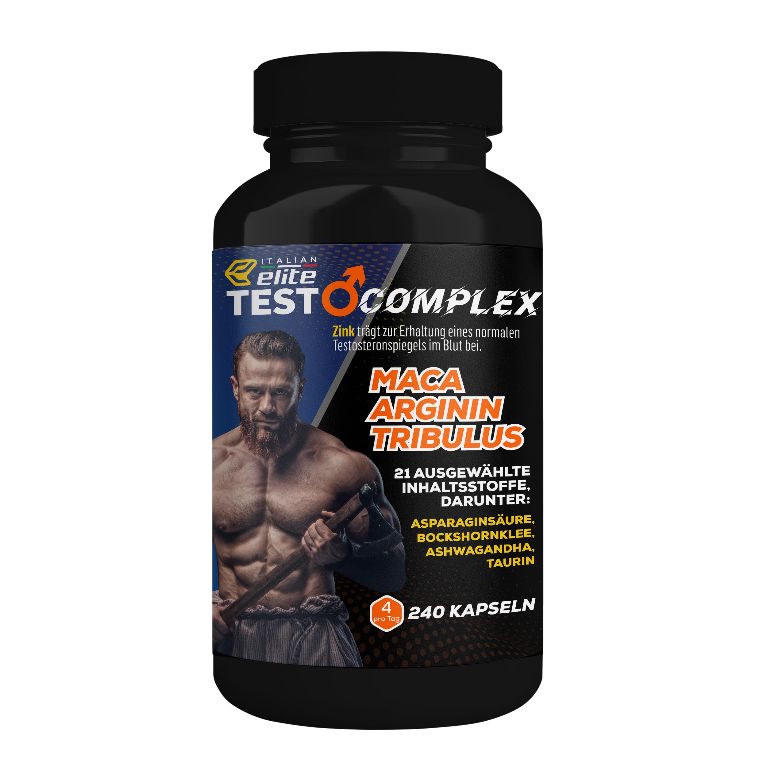 Italian Elite - Testo Complex 240 Kapseln mit Maca 8000 mg. Nahrungsergänzungsmittel mit Tribulus, Bockshornklee, Zink, Arginin, Ashwagandha, Vitaminen und Mineralstoffen
