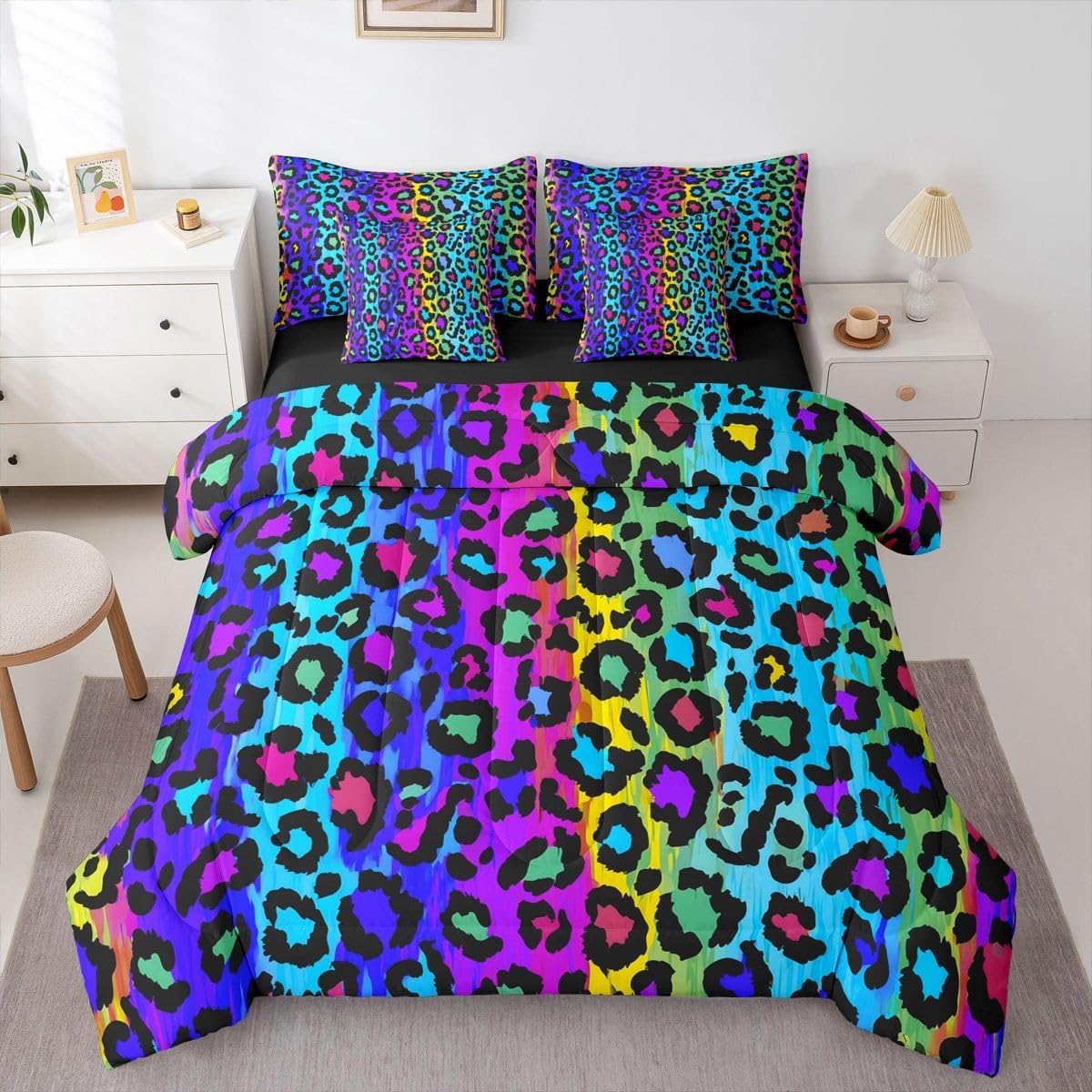 Erosebridal Dark Gray Leopard Twin Size Bedding Set Modern Animal Pattern 7 Pieces Comforter Set with Sheets Men Women Girls Boys Aesthetic Cheetah Bed in a Bag Neutral Minimalism Art Bed Sets