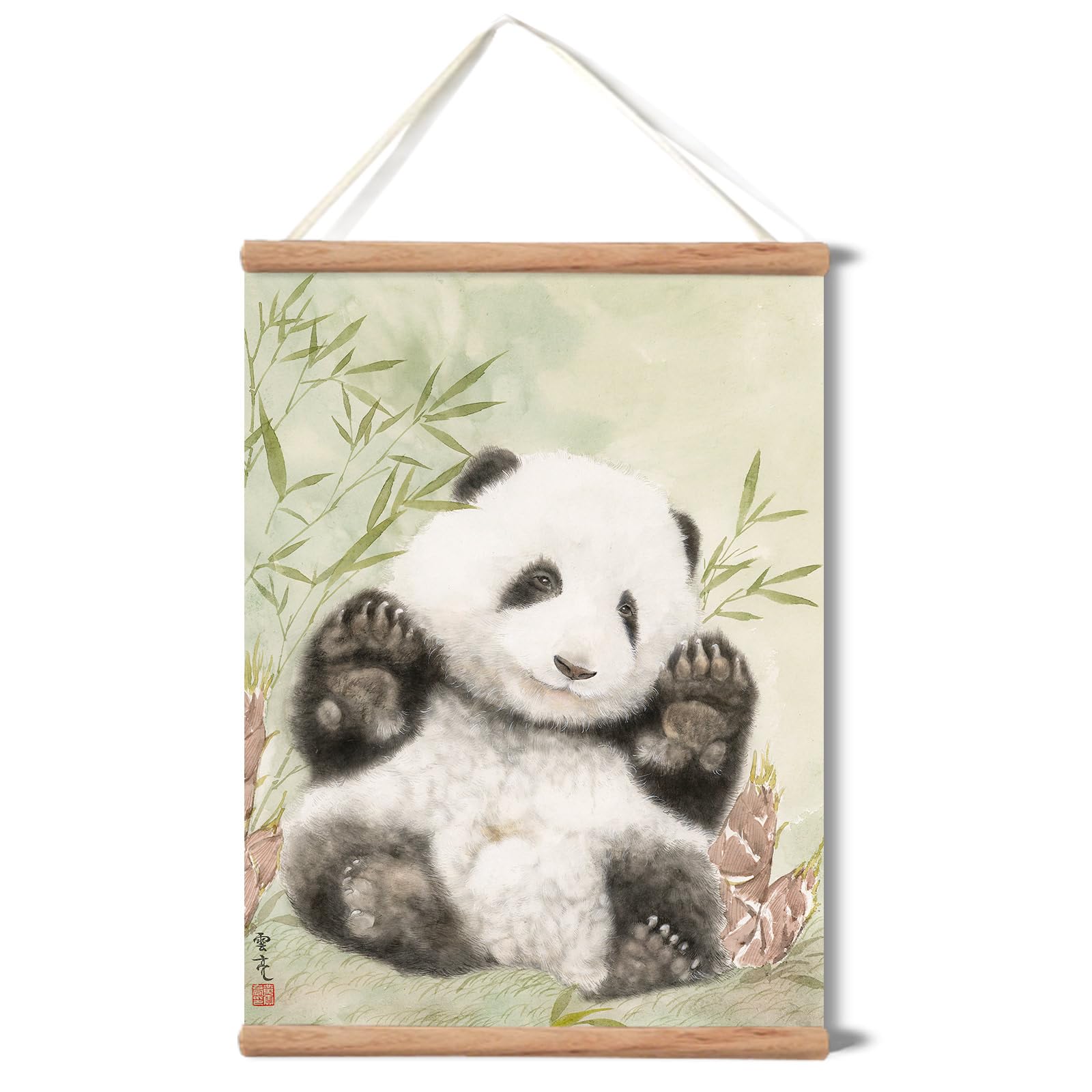 xinyuru Panda Wall Art Canvas Scroll Poster,Traditional Chinese Gongbi Painting,Gifts for kids (Panda bamboo, 16”x22”)