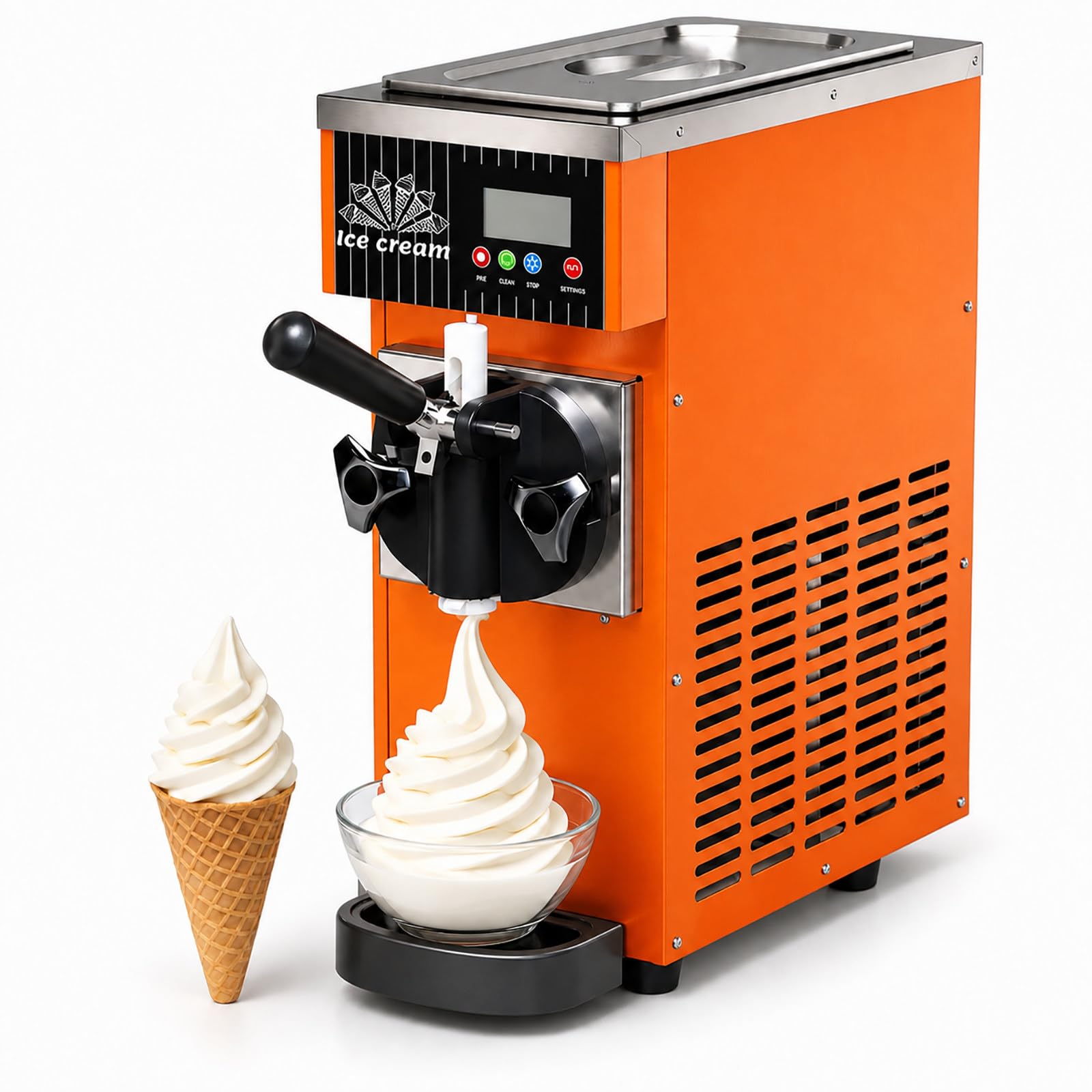vnmudzeo Soft Serve Ice Cream Maker - 450W Countertop Machine, Single Flavor, 2.5L Hopper, 33.8oz Freezing Cylinder for Cafes and Snack Bar Use Orange