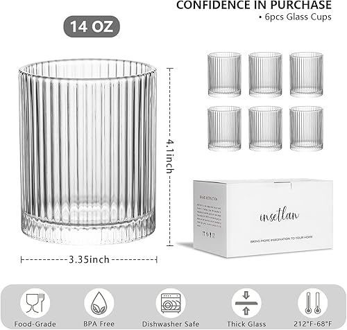 Miniatura 2 de INSETLAN Juego de vasos de vidrio acanalado de 6 a 14 onzas, vasos transparentes para vino, jugo, cócteles, agua, café helado, whisky, aptos para