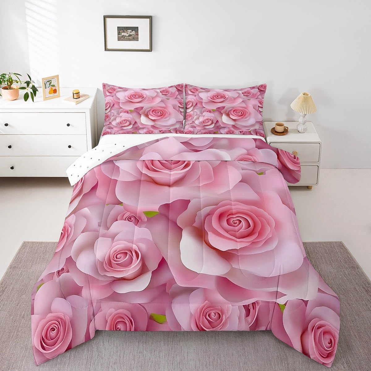 Feelyou Pink Rose Comforter Set King Size Kids Rose Floral Flower Bedding Set for Boys Girls Teens Rose Floral Flower Comforter Breathable Romantic Duvet Set Valentine's Day Quilt Set
