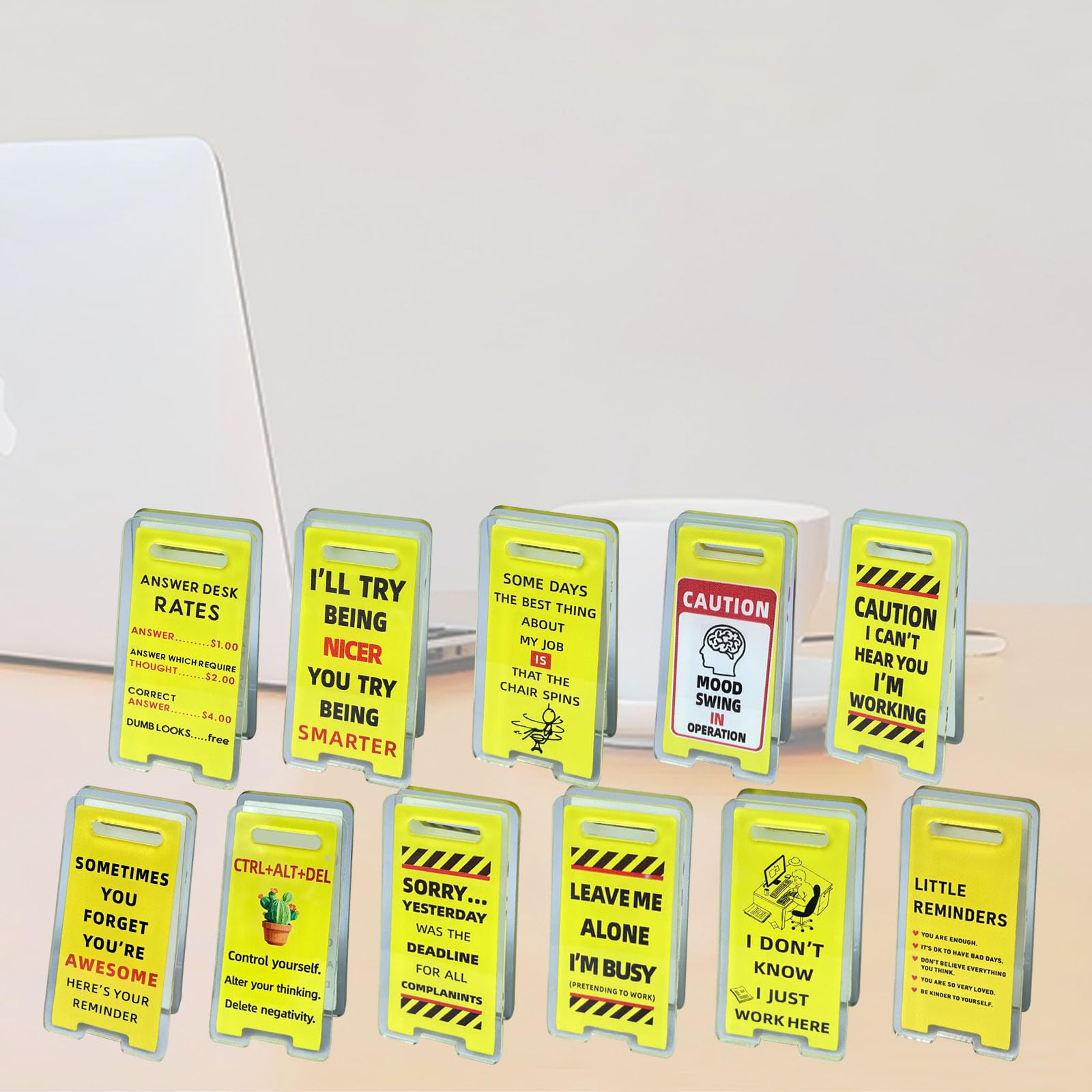 11PC Funny Desk Signs and Cubicle Decor, DIY Cardstock Paper Clips, Sarcastic Office Gifts for Coworkers, Bosses, Employees - Warning Sign, Stress