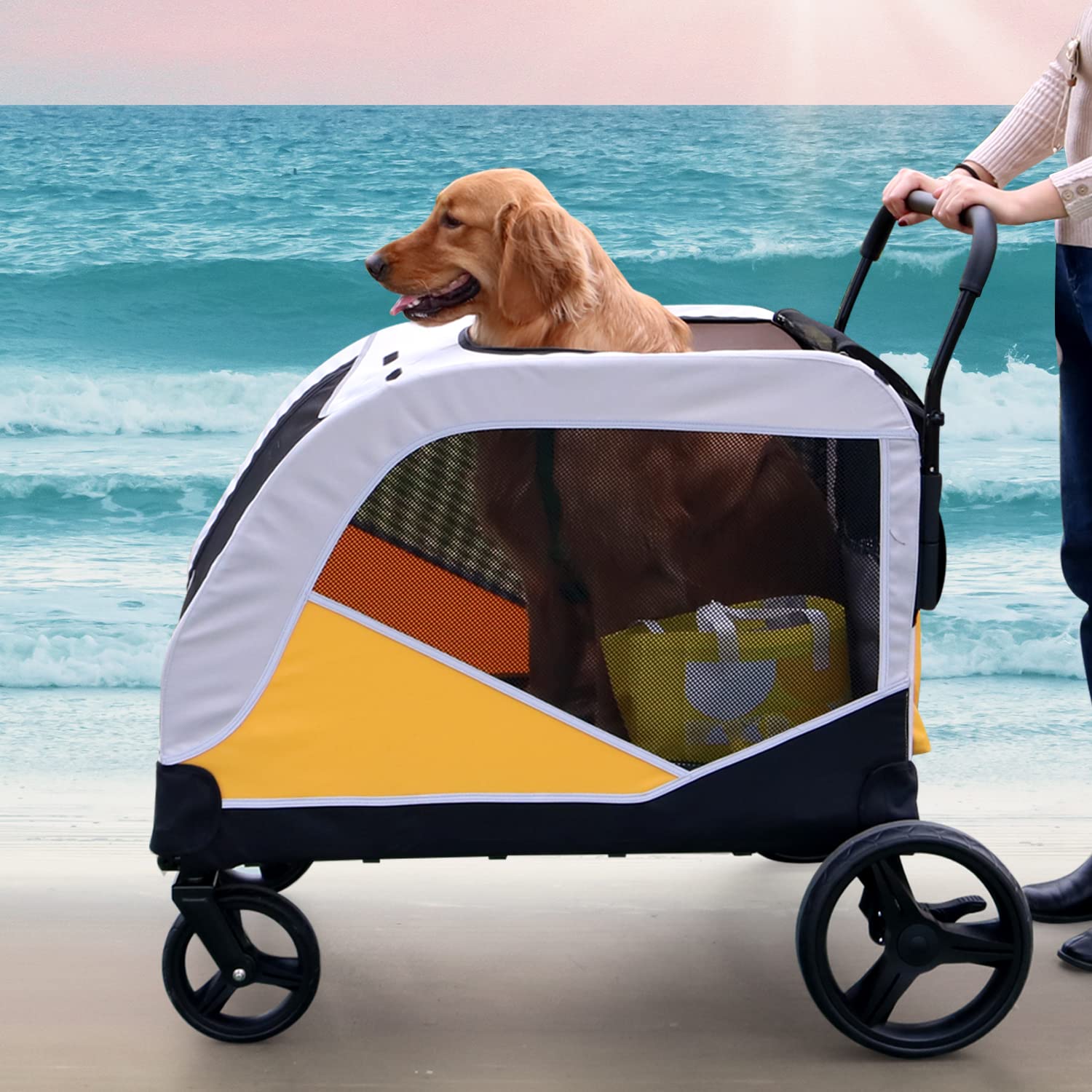 Dog Stroller for Extra Large Dogs, Pet Stroller for Medium Dogs Foldable, Dog Stroller for 2 Dogs, Dog Carriage and Wago, Large Pocket, Up to 352lb Yellow Yellow Extra Large