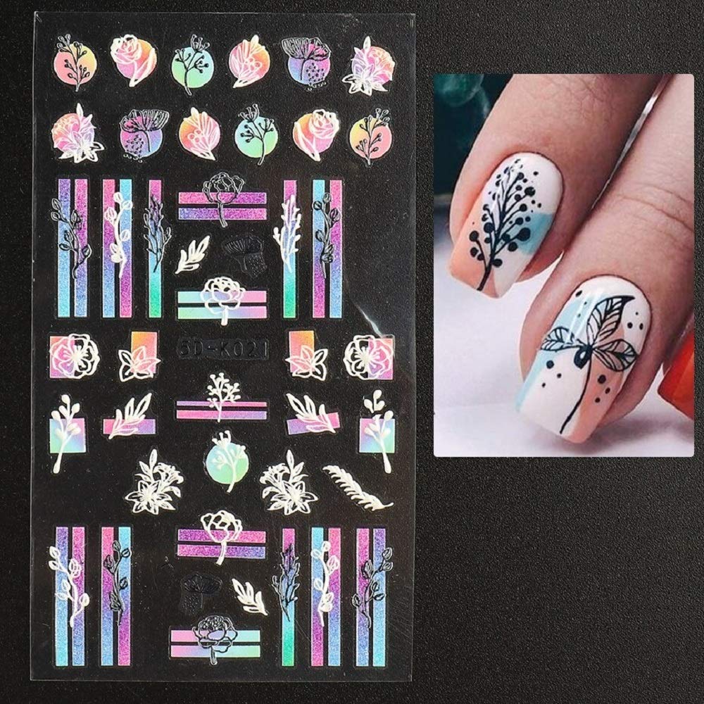 5D wytłoczone tymczasowe naklejki z tatuażami na paznokcie różowy kwiat śliwy kwiaty lakier do paznokci folie liść róży suwak do manicure (5D-K044) (5d)