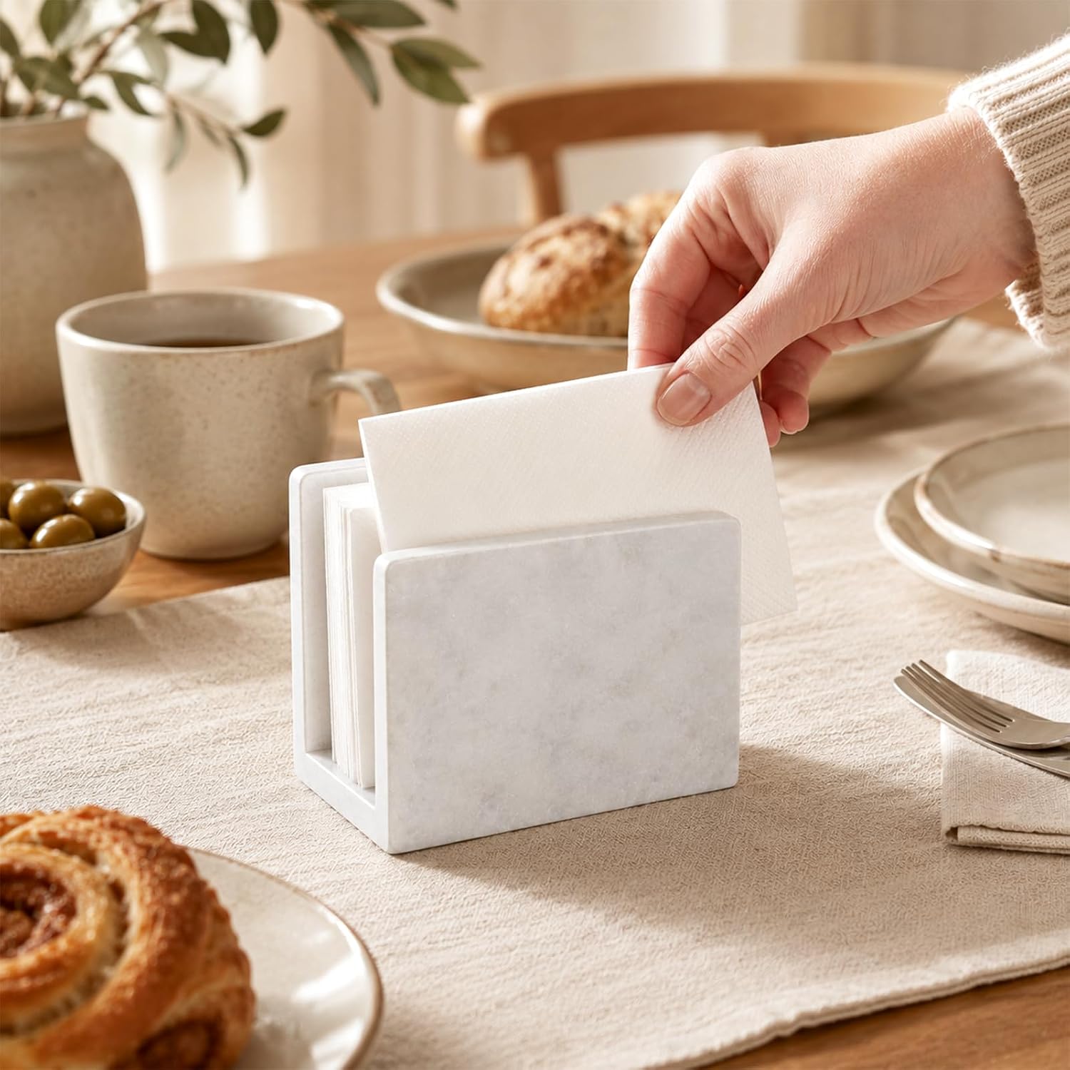 Koville Marble Napkin Holder for Table, 5" Natural Stone Napkin Holder for Kitchen Countertop Dining Room, Modern Napkin Dispenser for Cocktail Tissue Party Bar, Decorative Tissue Paper Holder(White)