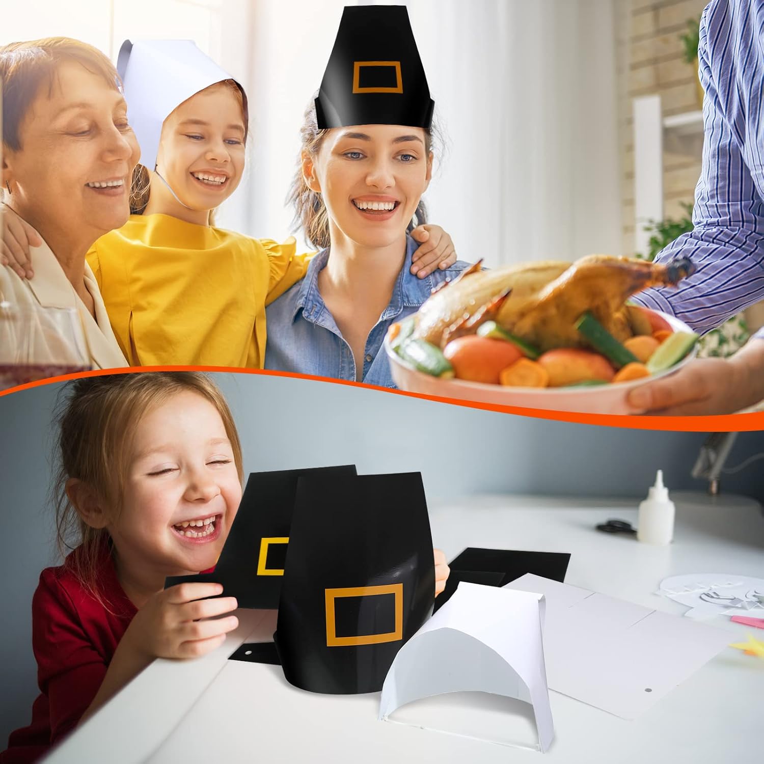 30 Pcs Pilgrim Hats Kit - Thanksgiving DIY Paper Bonnets for Kids, Adjustable Costume Hats for Party & Classroom Craft Activity