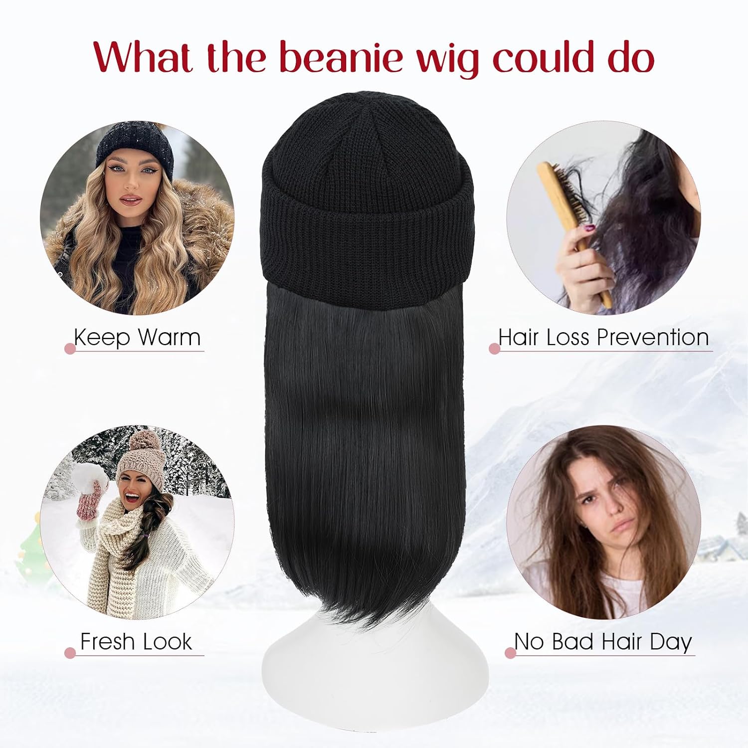 S-noilite Beanie Wig Hair Extensions,11 Inch Short Straight Hair Extensions with Knitted Hat Wigs for Women Winter Natural Black