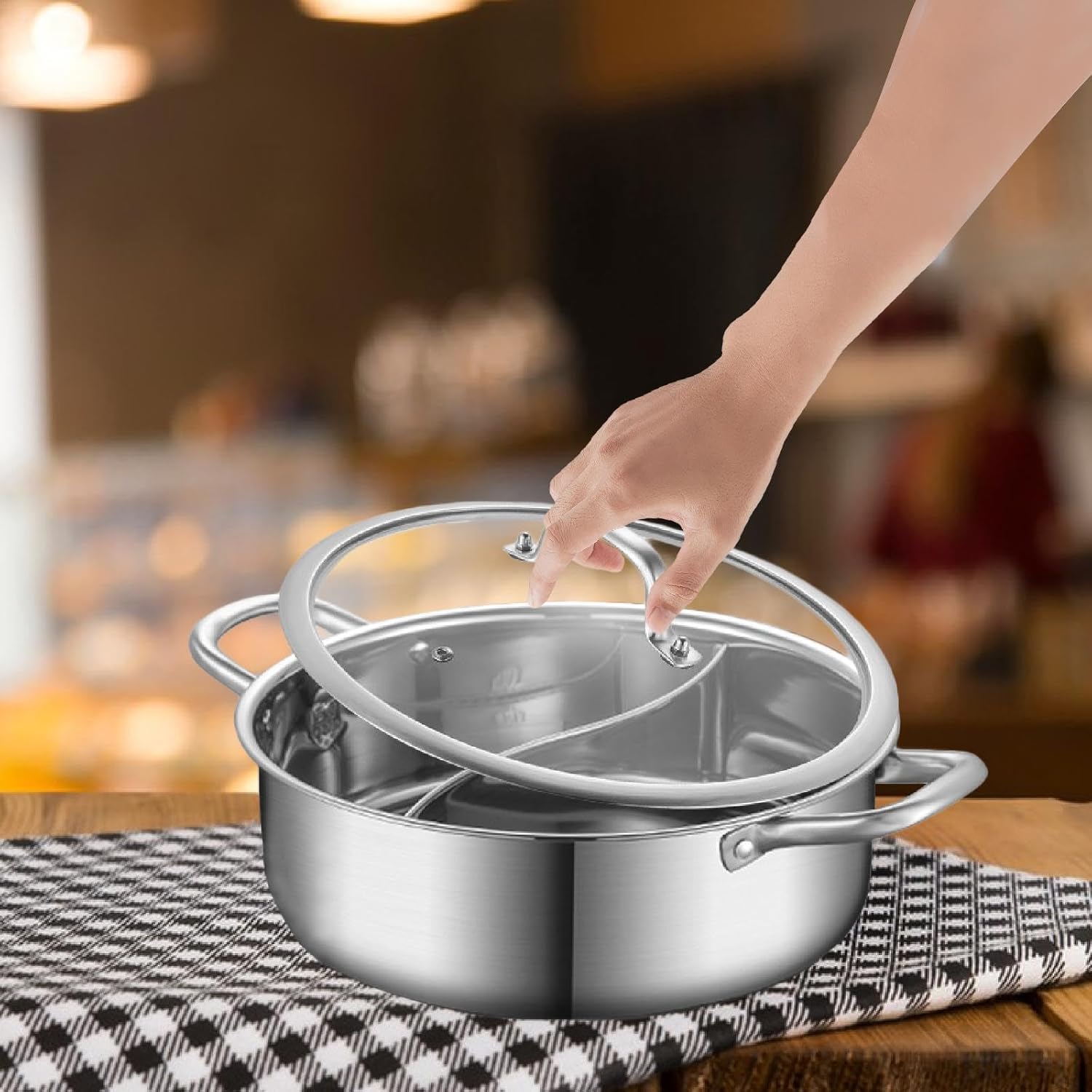 Hot Pot with Divider Gas Cooking Pot Hot Burner Stainless Steel Cookware Double Sided Chinese Restau Pot, 30cm