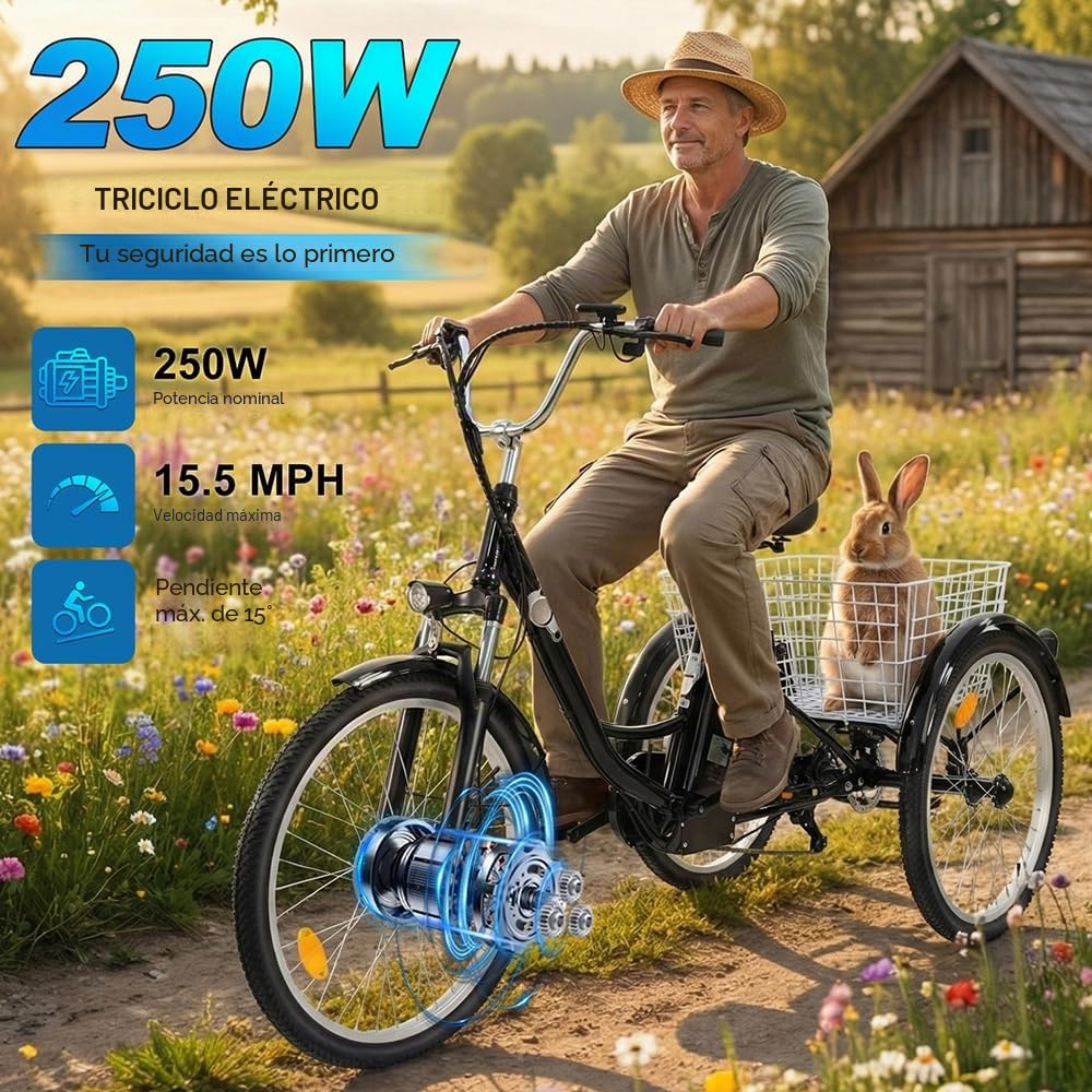 Triciclo eléctrico para adultos M300 Batería extraíble de 36 V 15 Ah Neumáticos antideslizantes y resistentes al desgaste de 24 x 2,125 pulgadas Triciclo de camping Triciclo de transporte para