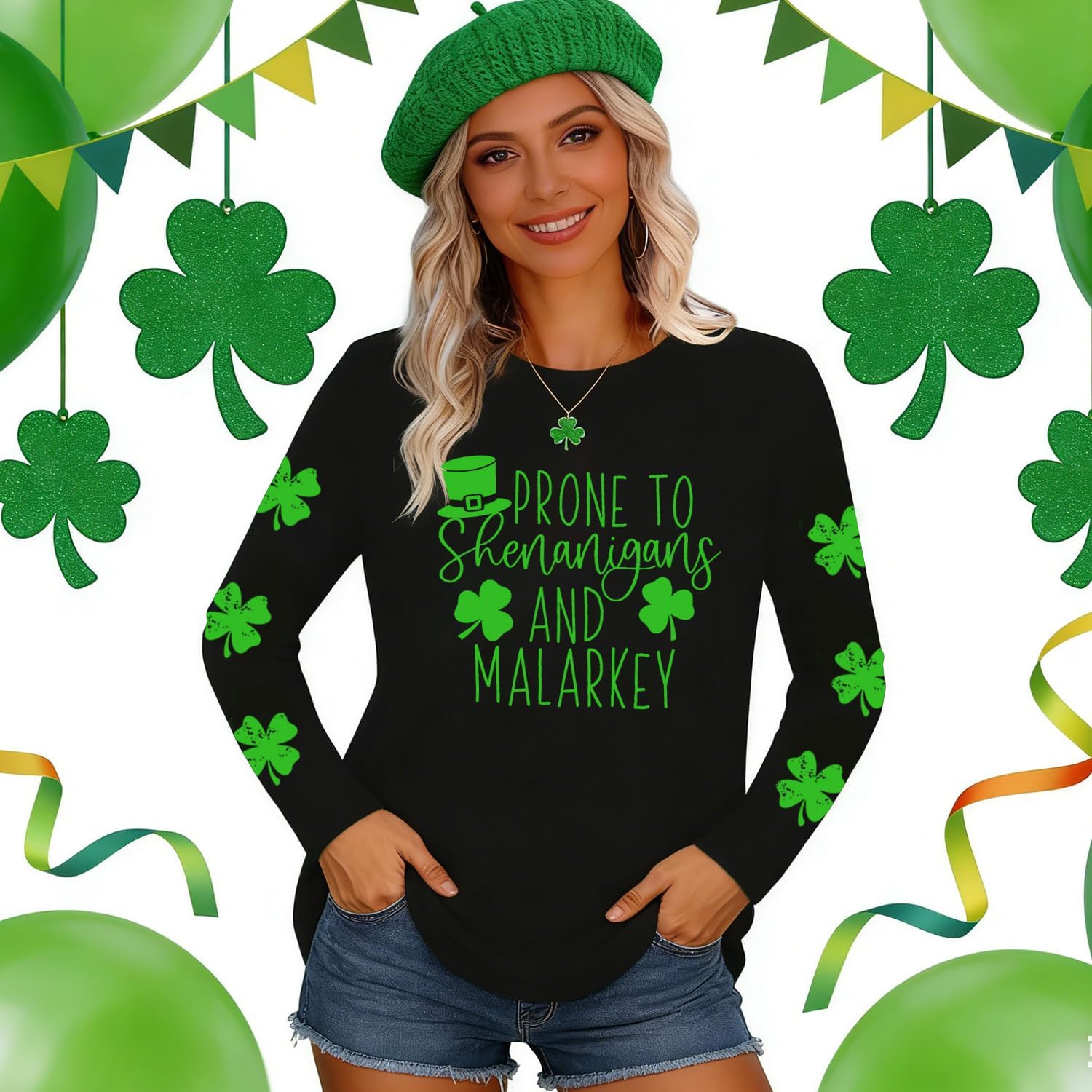 MAIHUN St Patricks Day Shirt for Women Lucky Shamrock Long Sleeve Tshirt Saint Patricks Day Green Clover Tee Top - Image 2