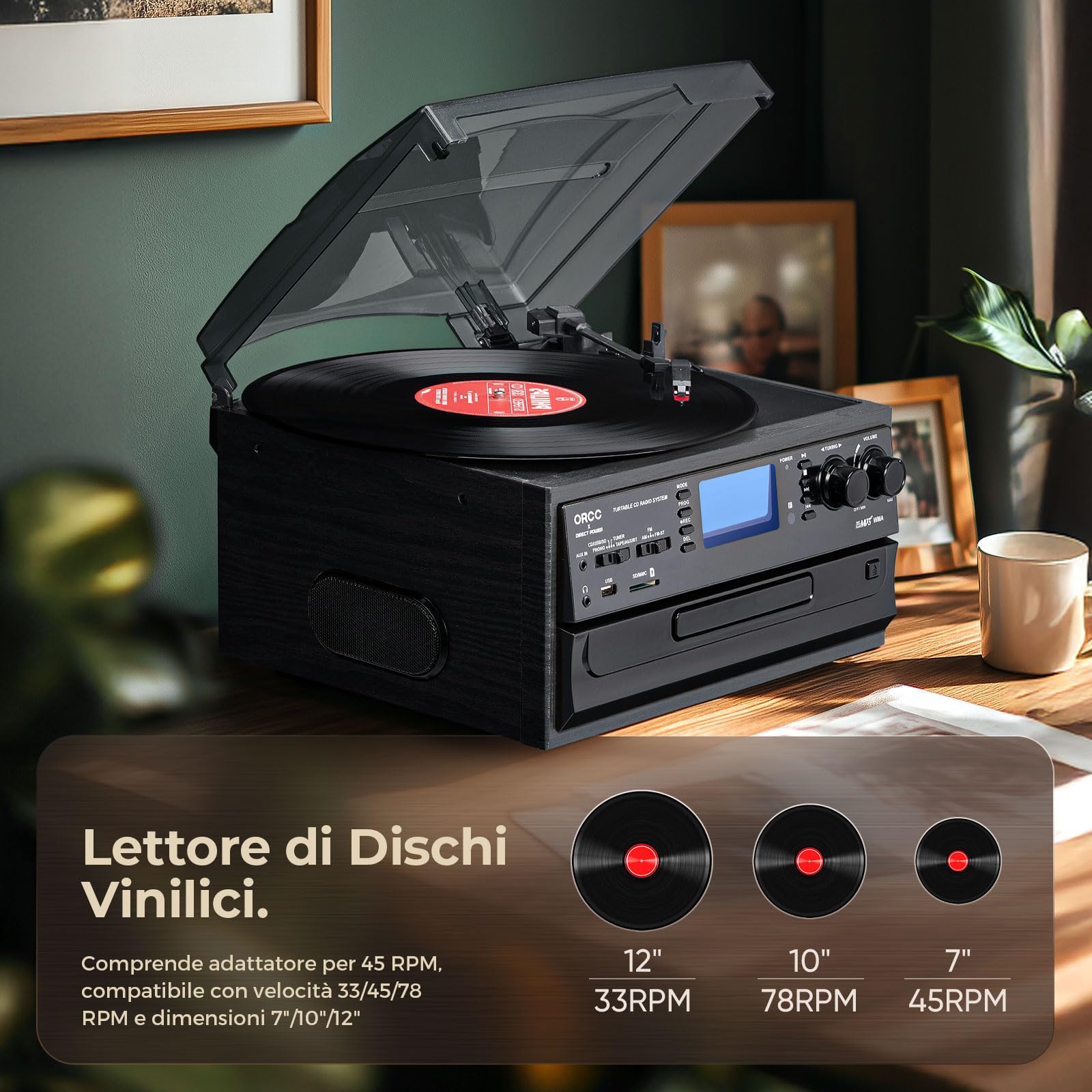 ORCC Giradischi Bluetooth 10 in 1 con altoparlante integrato, giradischi in vinile CD Cassette e radio FM/AM Combo, AUX in RCA Out USB MP3 Registrazione Jack per cuffie Giradischi compatto