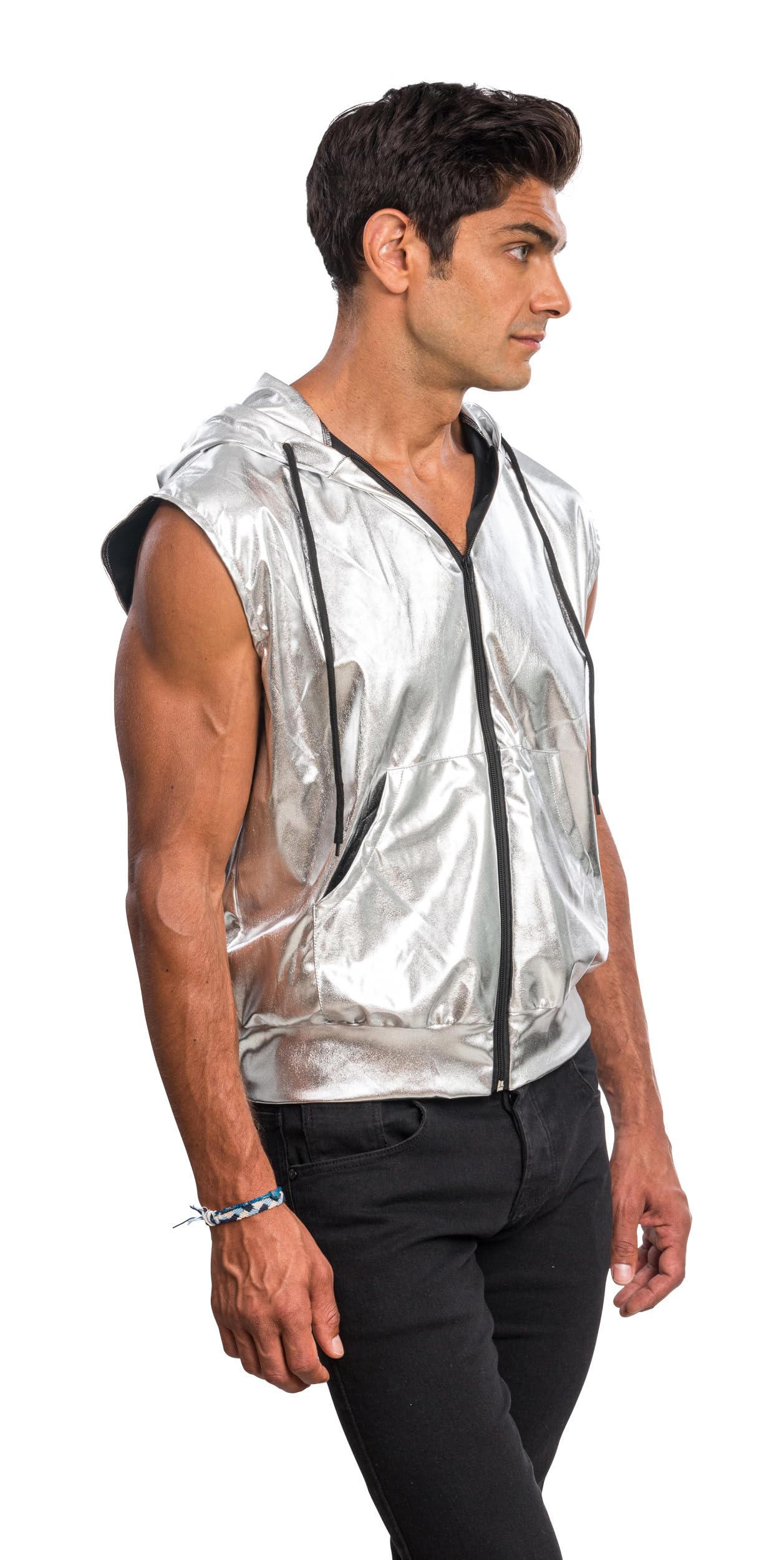 Chaks - Gilet à capuche métallisé, tenue de festival sans manches | Gilet de soirée au look métallisé, tenue pour soirée disco et à thème, avec capuche, poche et fermeture éclair