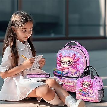 UNIKITTY Axolotl Backpack for Girls, 3PCS Personalized Kids School Bag Set with Insulated Lunch Box & Pencil Case - 17 Inch Large Capacity Water Resistant Bookbag for Elementary Middle School