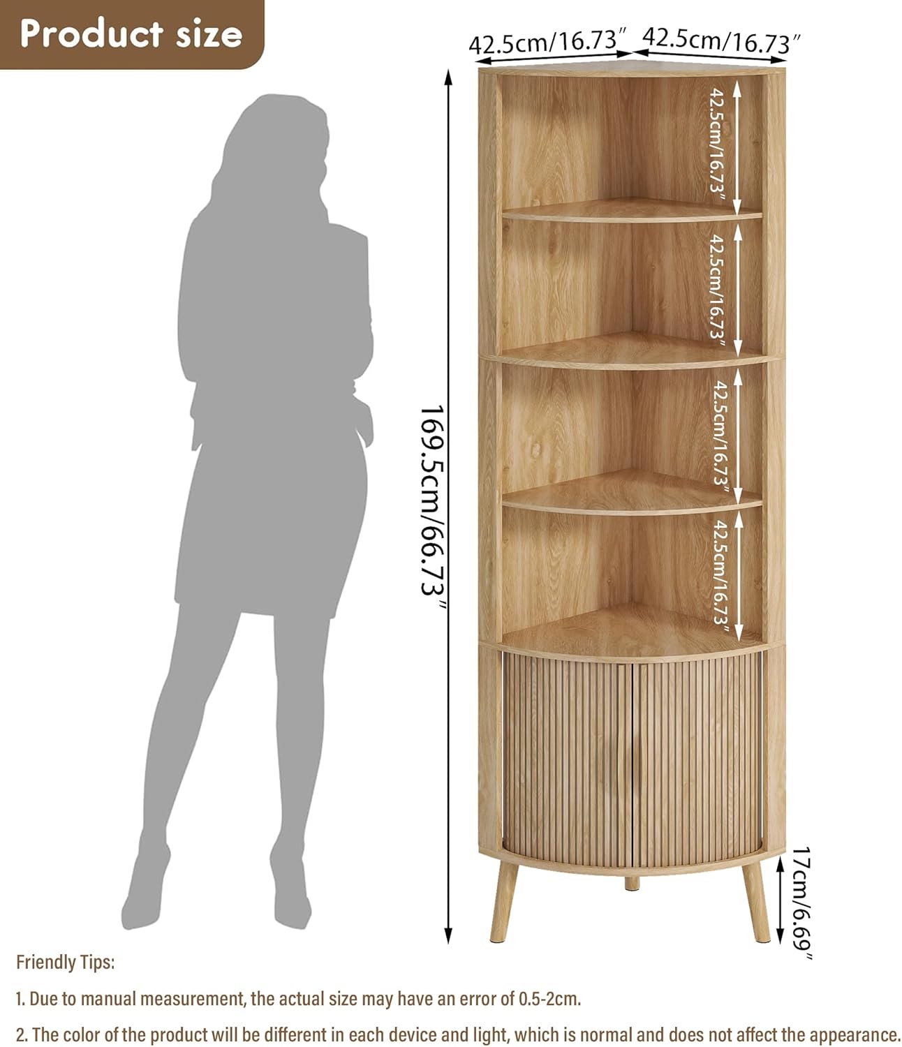 Corner Cabinet, 66.73'' Tall Modern Corner Bathroom Storage Cabinet with 2 Fluted Doors and Shelves, Home Space Saver for Kitchen, Living Room, Study Room (Wood Color, 66.73''H)