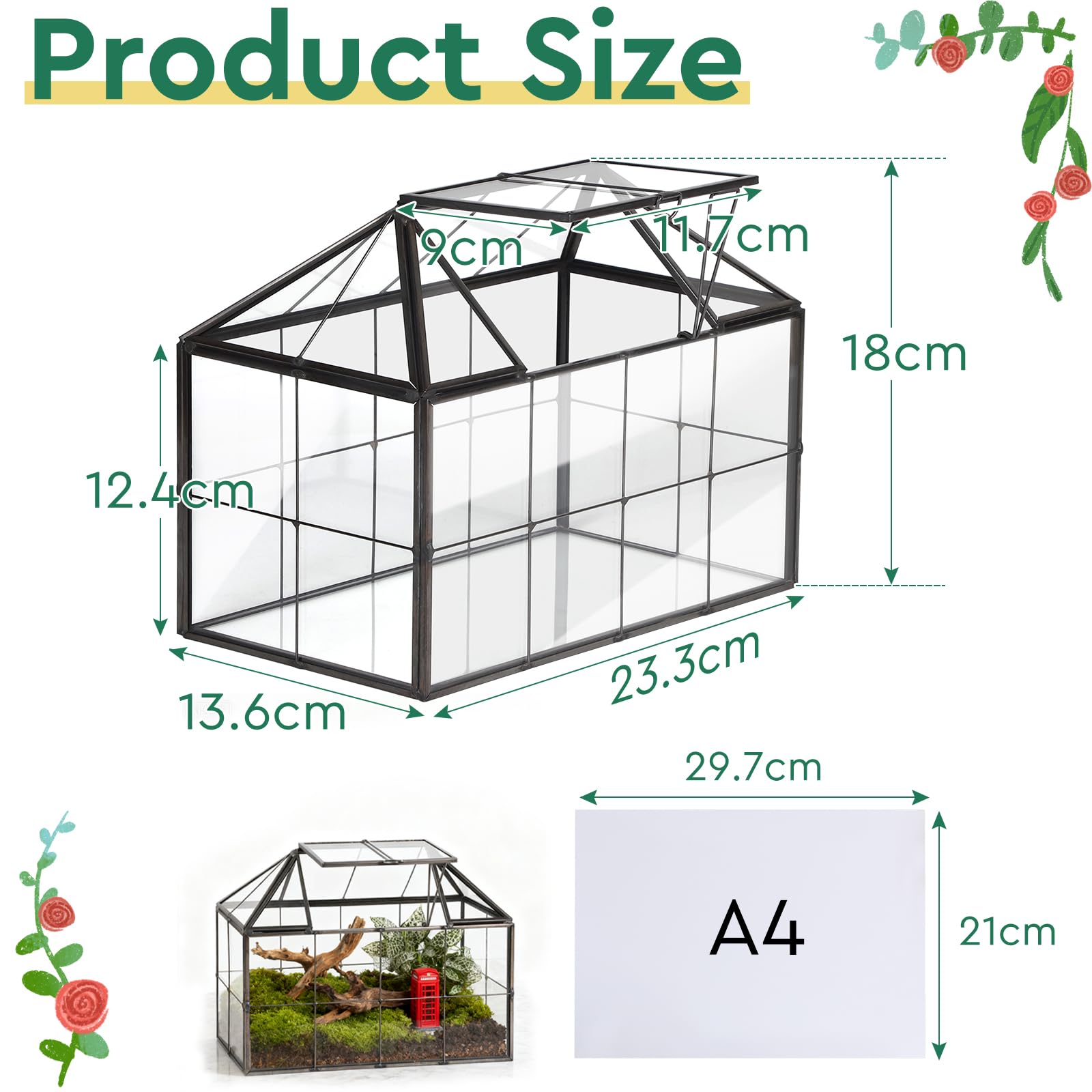 EFUTURETIME Mini Jardinière Terrarium Plante 23,3 x 13,6 x 18 cm, Miniature Serre Interieur Forme de Maison Idéal pour Succulentes Cactus et DIY (sans Plantes)