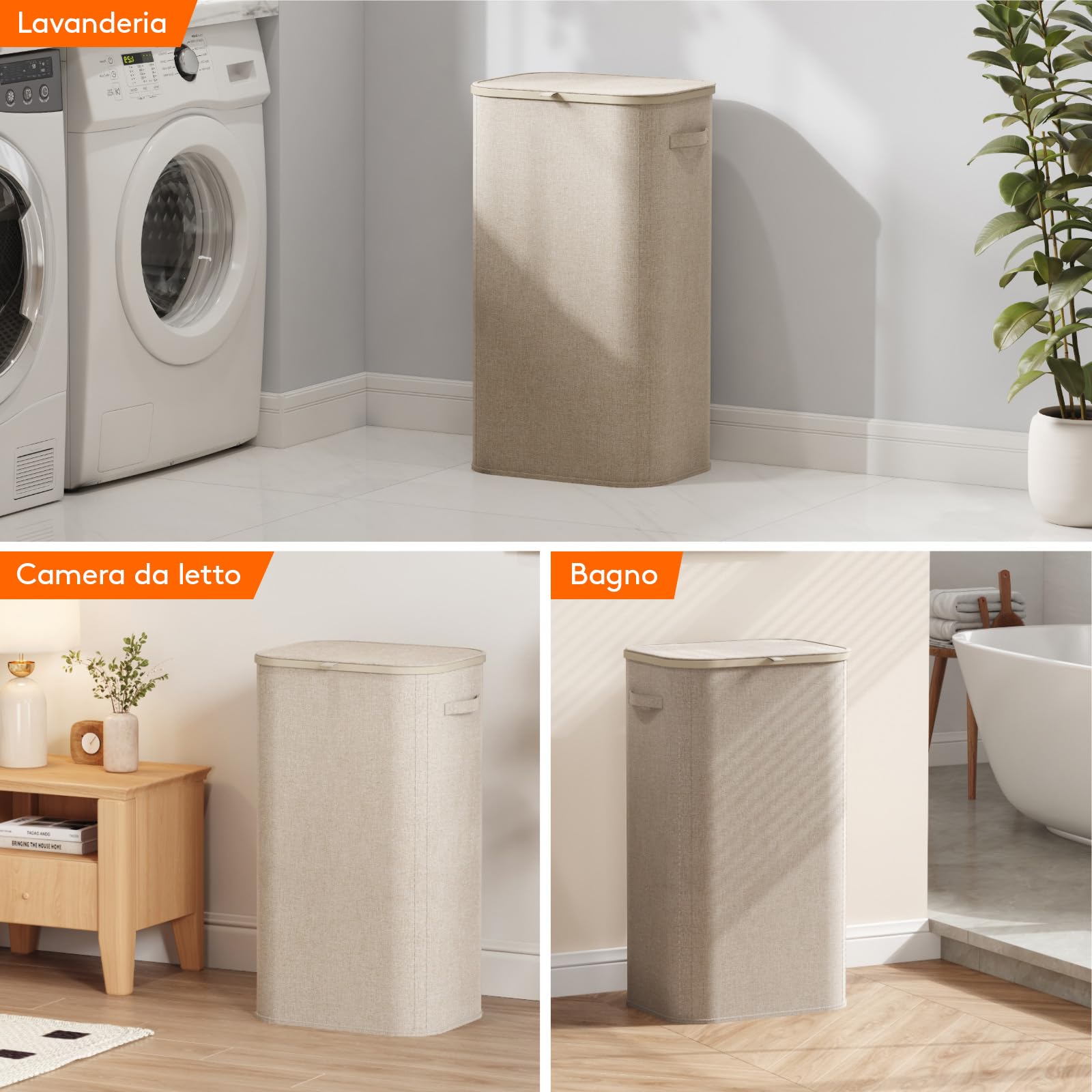Lifewit Cesto Portabiancheria, Cesta Panni Sporchi con coperchio, Laundry Basket con Plastica Manici, Porta Biancheria Sporca per Bagno, Lavanderia, Camera da Letto, 105 L, Beige