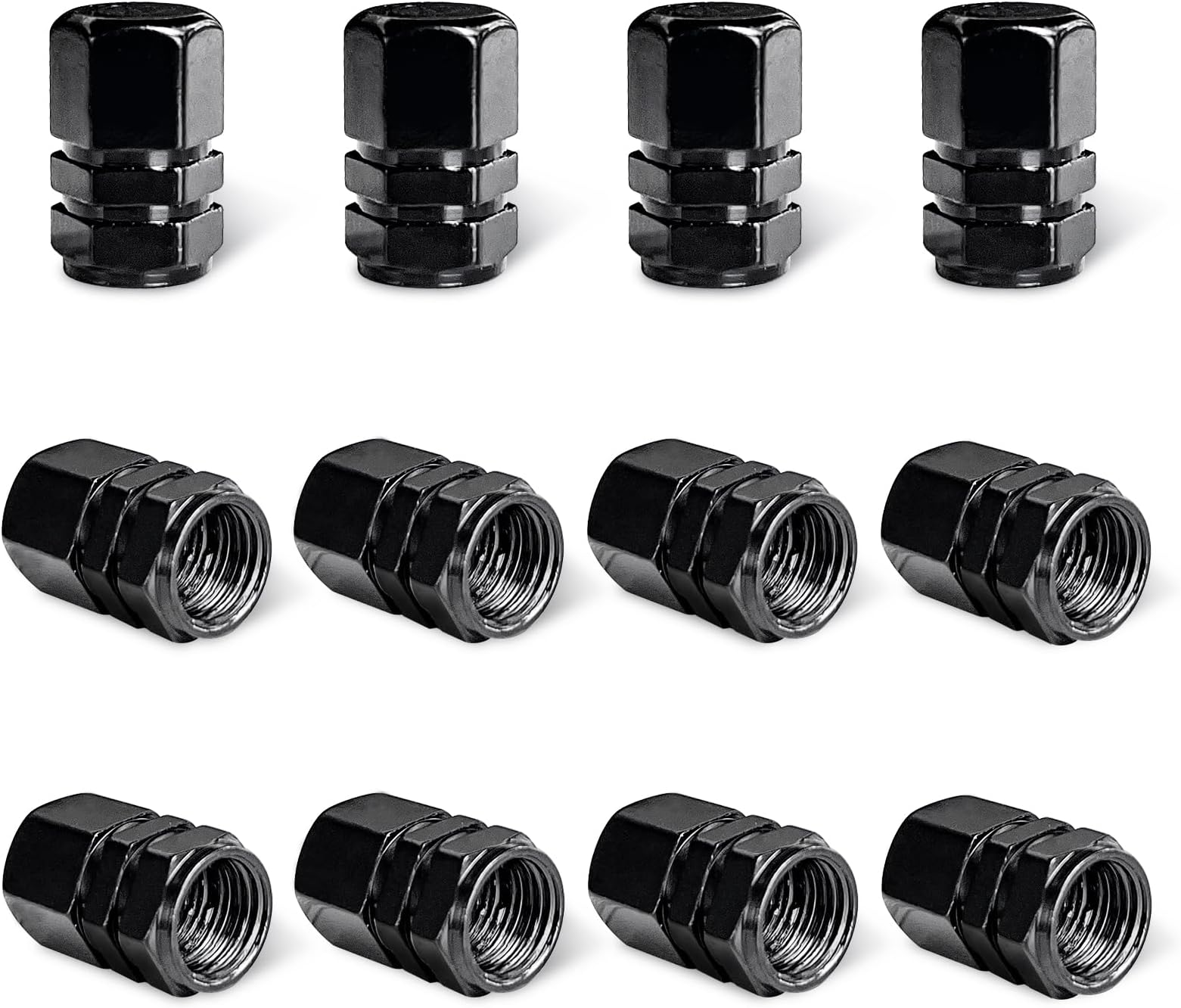 12 PCS Car Tire Valve Stem Caps, Aluminum Alloy Wheel Valve Covers with Rubber O-Ring, Corrosion Resistant Leak-Proof Tire Air Cap Set, Universal for SUV, Truck, Motorcycle, Bike (Black)