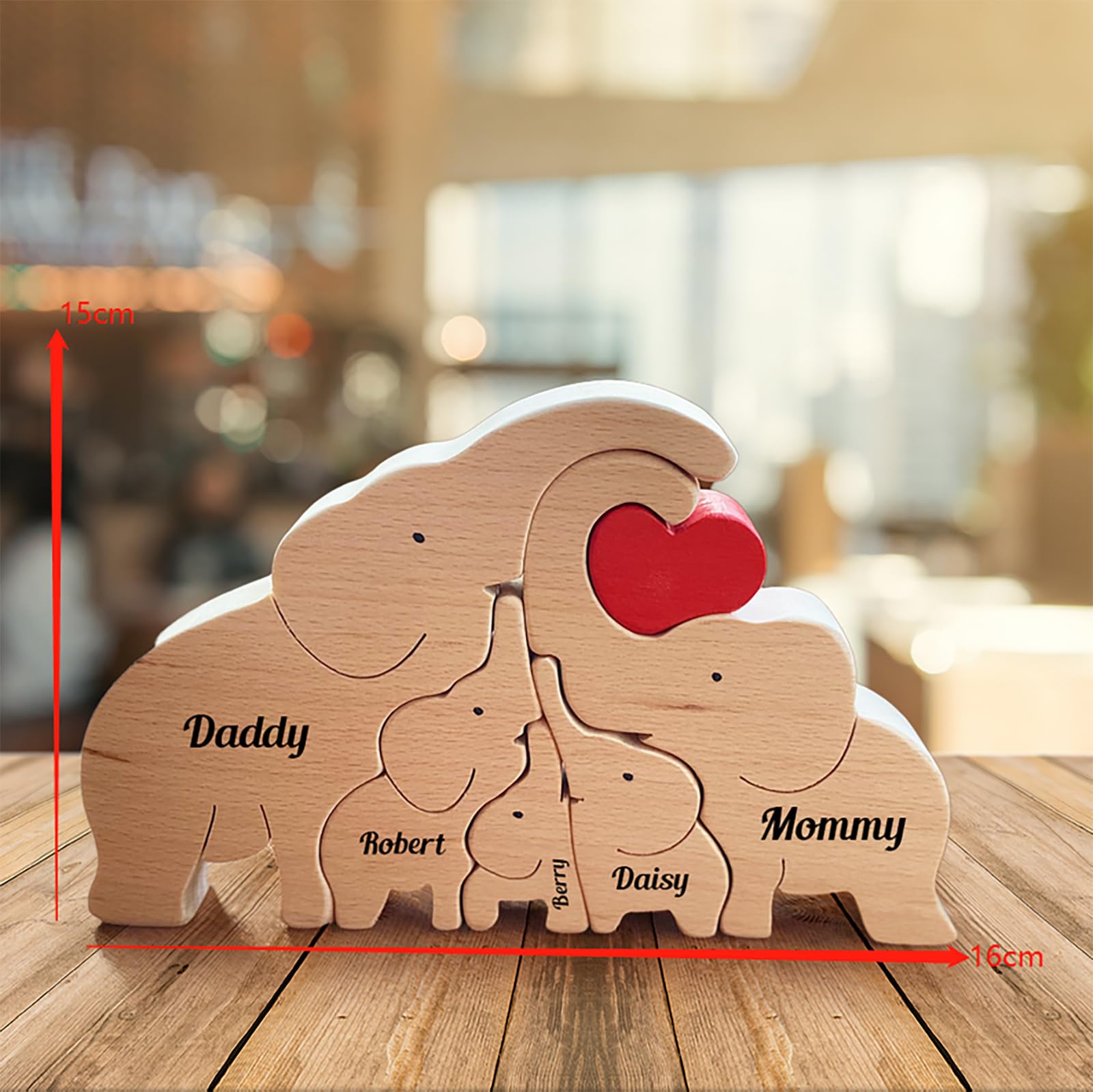 Rompecabezas De Madera Personalizado Con Nombres – Estatua De Elefantes Abrazados Para 2 A 9 Miembros De La Familia
