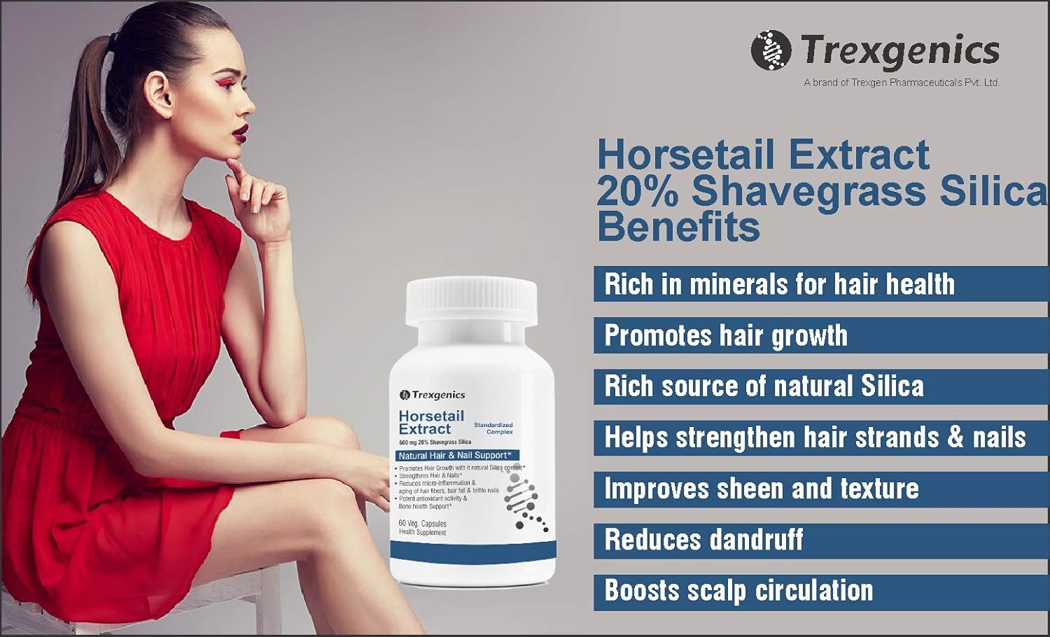 Trexgenics® HORSETAIL extract Standardized (20% Shavegrass Silica) 600 mg Natural Hair Growth & Strong Nail Support NON-GMO, GLUTEN FREE & VEGAN(60 Vcaps) (1) : Beauty & Personal Care