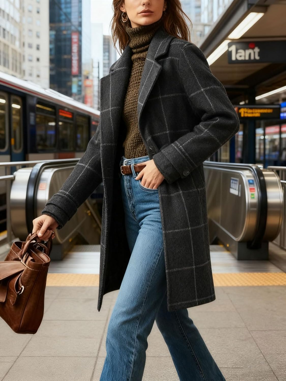 utcoco Women's Plaid Trench Coat Vintage Mid Length Notch Lapel Single Breasted Winter Wool Blend Outerwear - Image 3