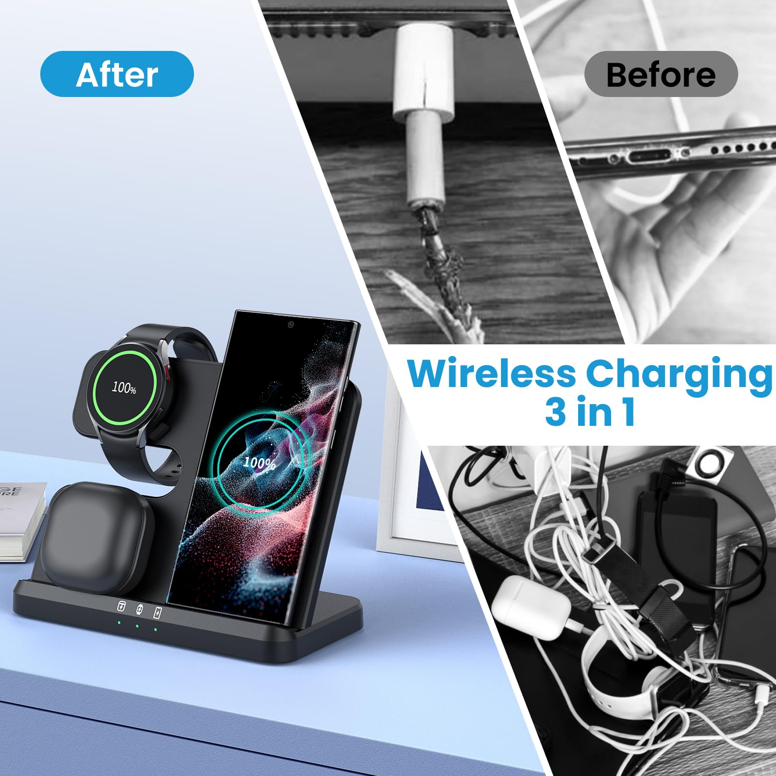 seacosmo Chargeur Induction 3 en 1 pour Samsung S26 Ultra/S26/S25/S24/S23/Z Flip/Z Fold 7, Chargeur sans Fil pour Galaxy Watch 8/7 Pro/5/4/Active, Station de Charge Galaxy Buds - Noir