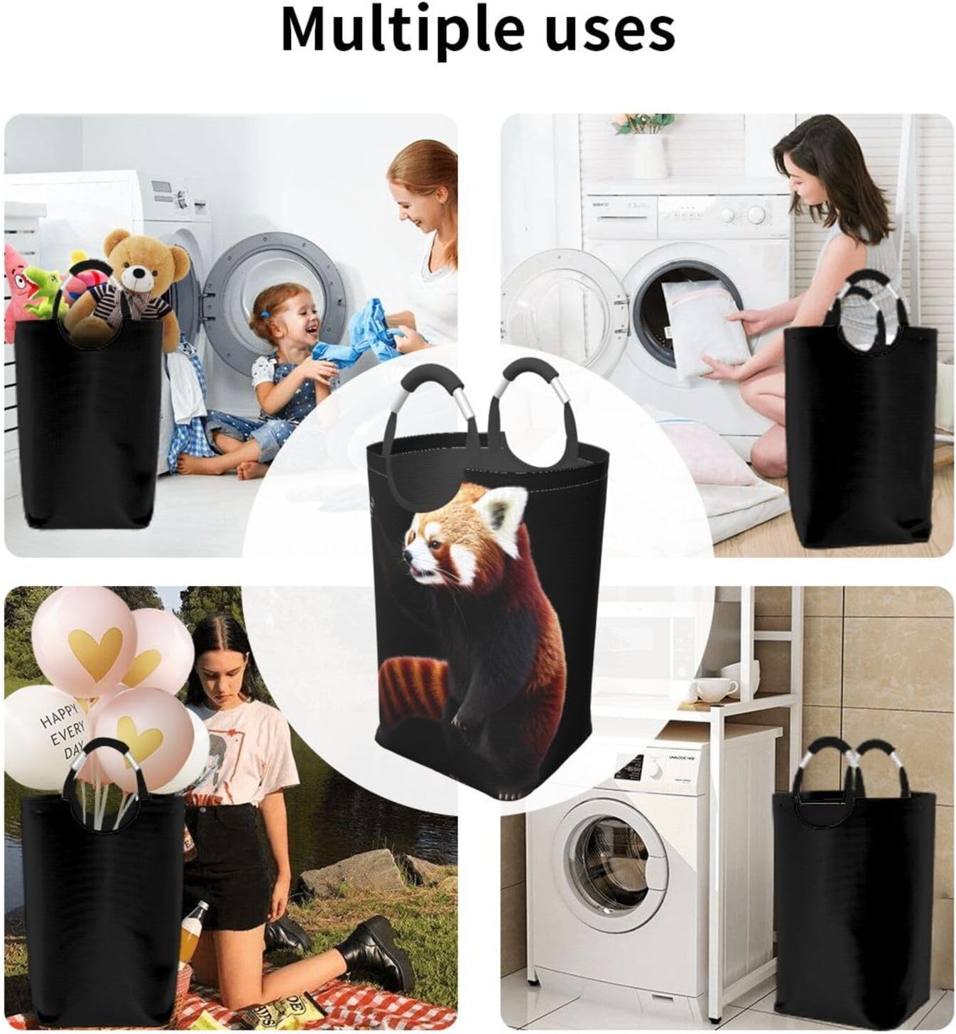 Red panda pattern Foldable storage bag, 50L capacity, suitable for laundry room, dormitory bedroom, dirty clothes storage basket.
