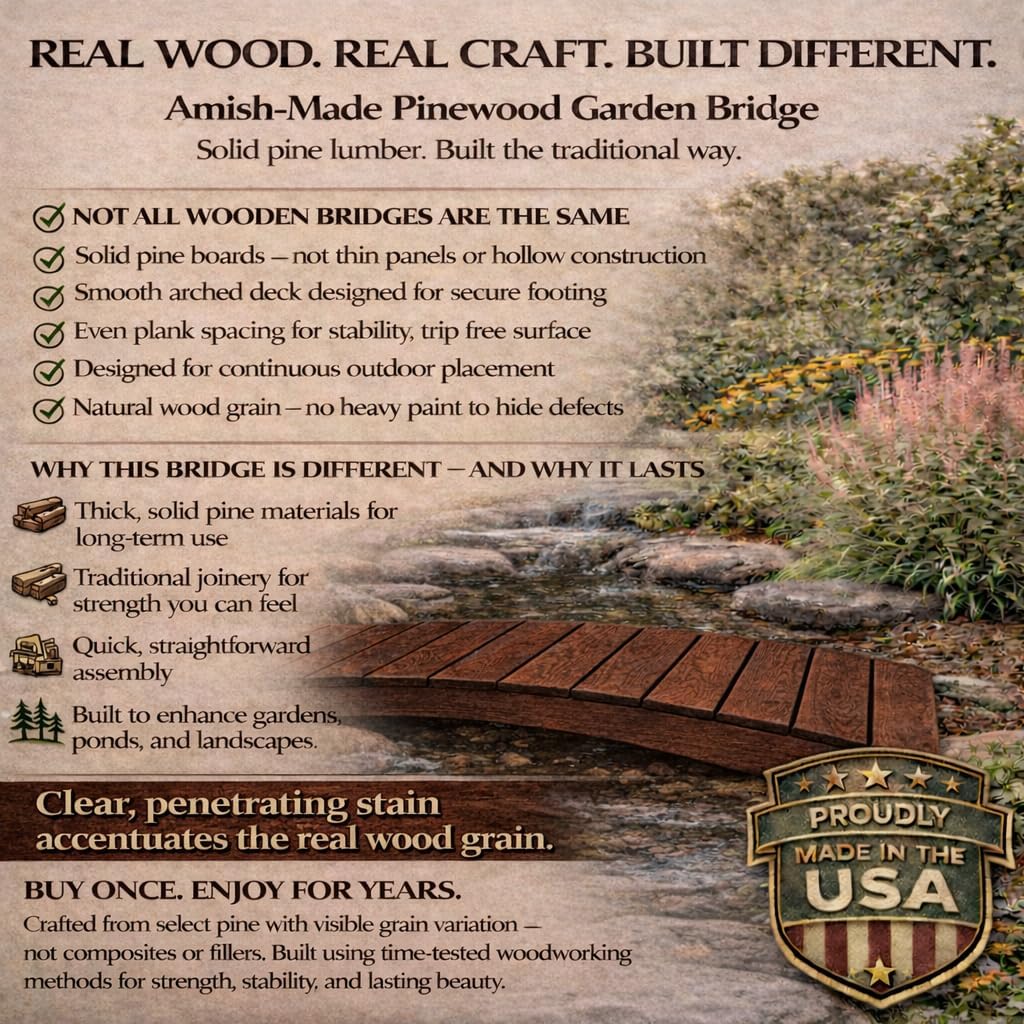 8 FT WALNUT Amish Made Pinewood Heavy Duty Garden Bridge for Walkway, Backyard Pond & Landscaping, Outdoor Wooden Footbridge for Koi Pond, Japanese Style Decorative Bridge, Made in USA